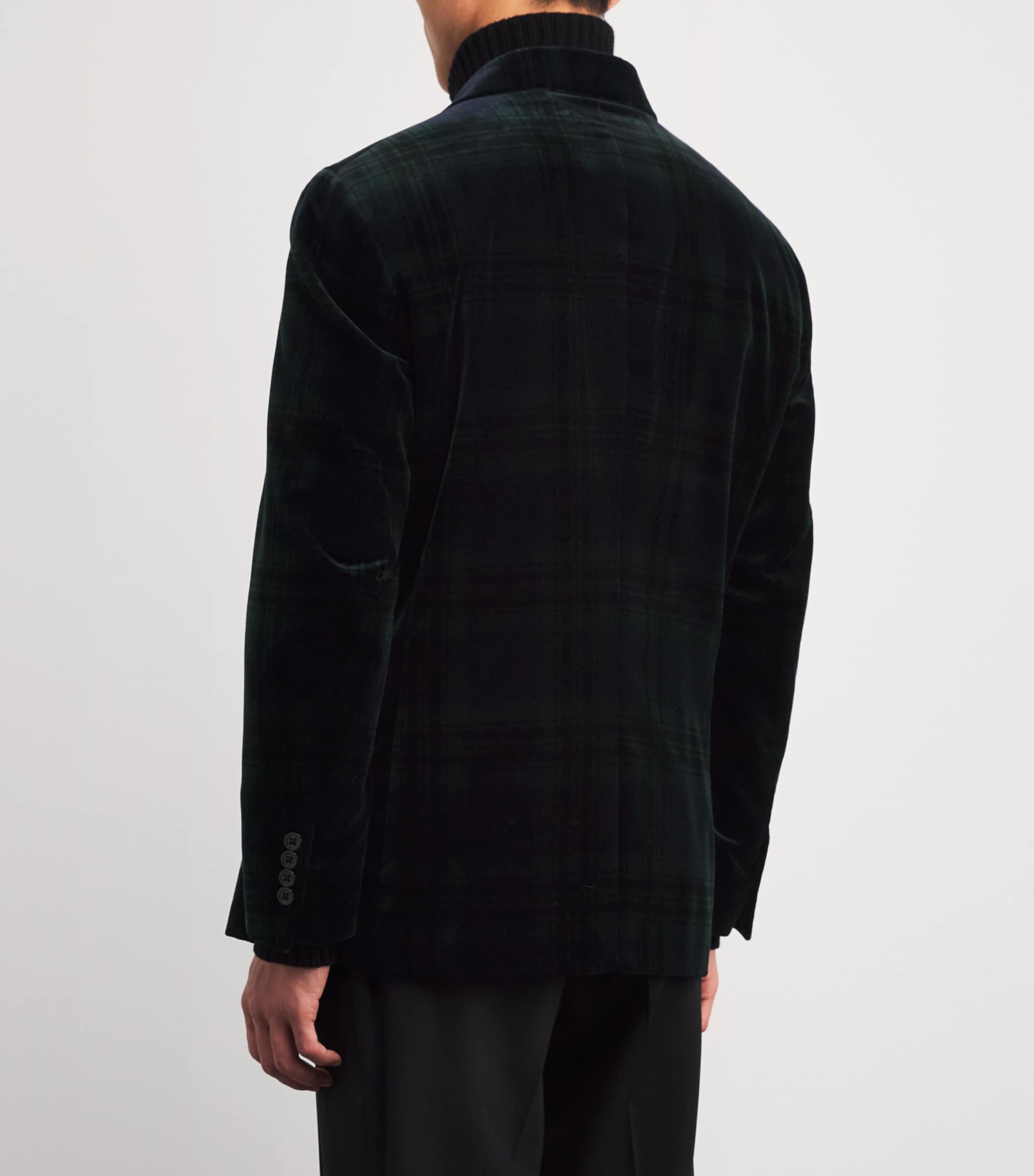 Cotton Velvet Tartan Double-Breasted Blazer GREEN Image 4