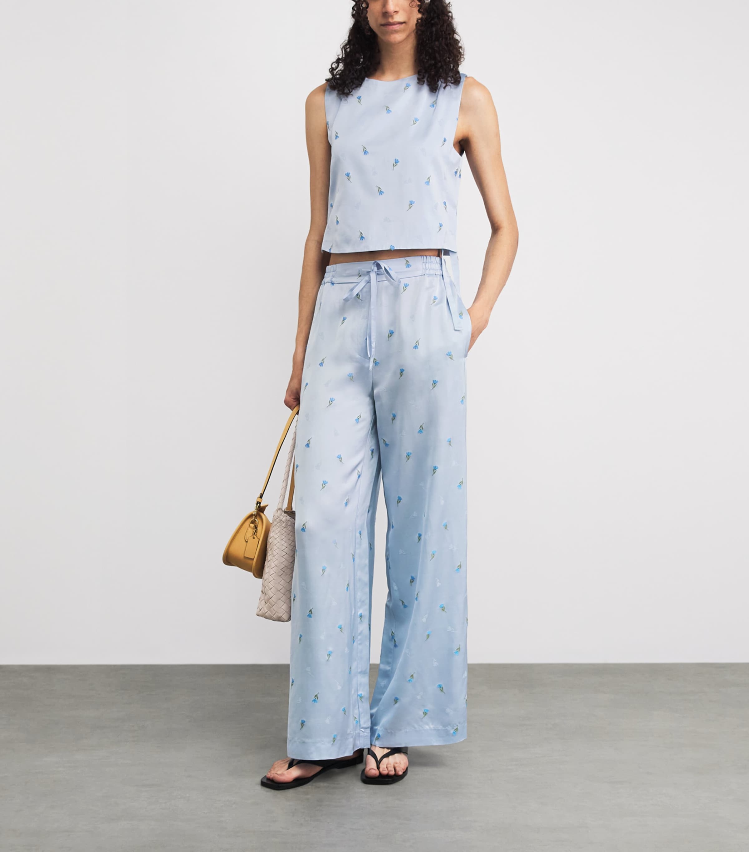 Claudie Pierlot Womens Satin Floral Wide-Leg Trousers Sky Image 2