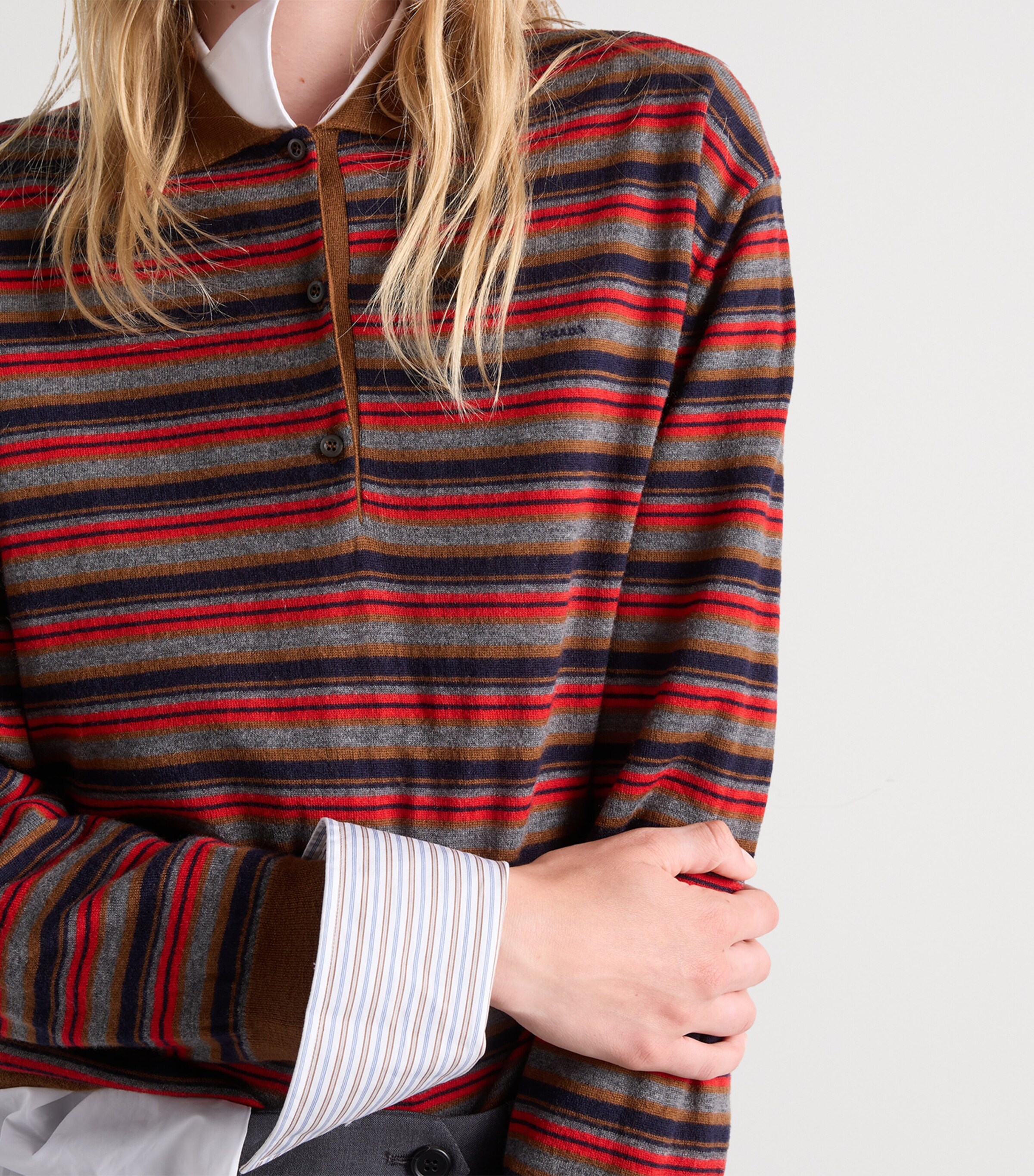 Prada Womens Cashmere Stripe Polo Sweater Brown Image 3