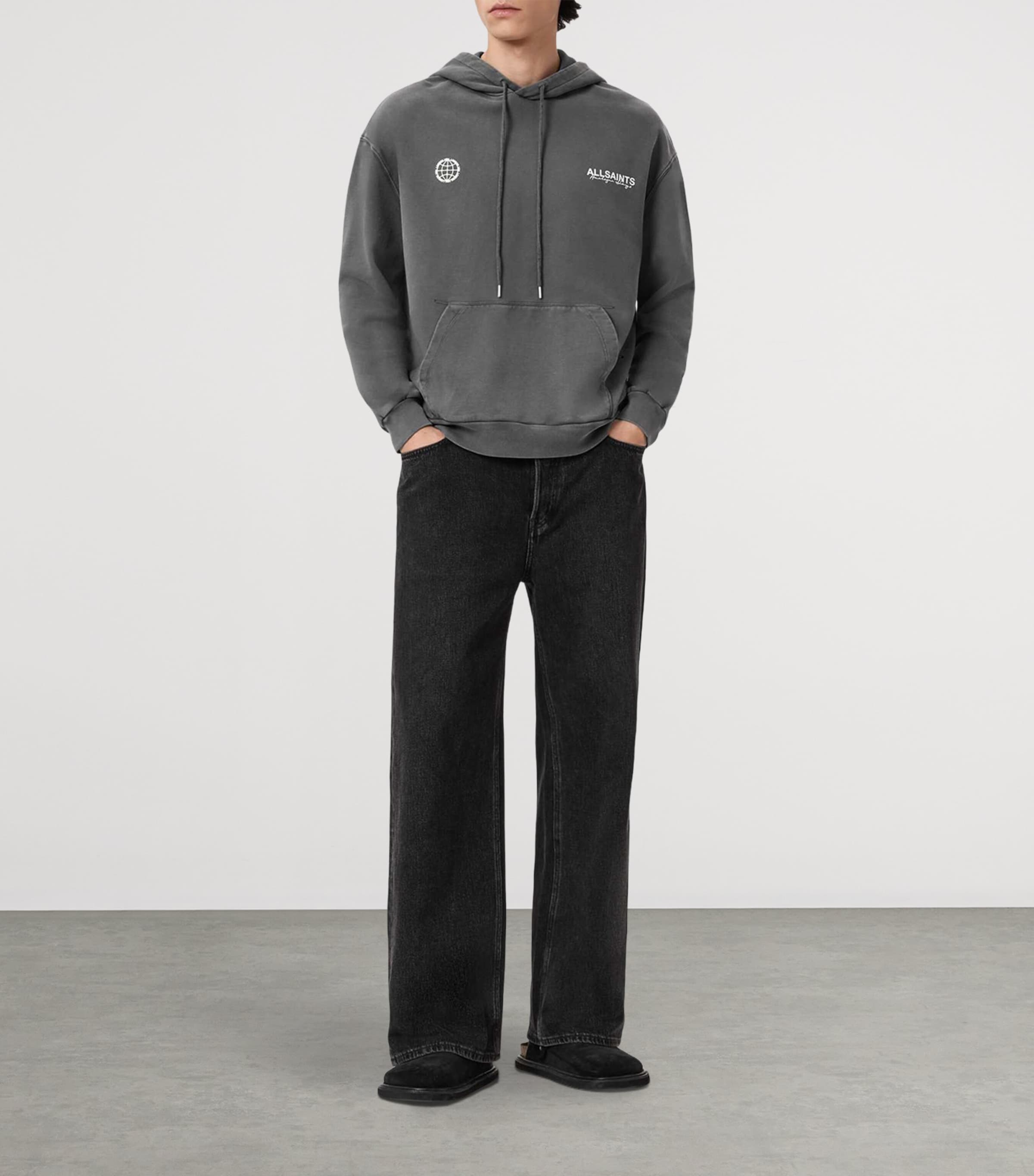 AllSaints Mens Organic Cotton Emblem Hoodie Washed Black Image 2