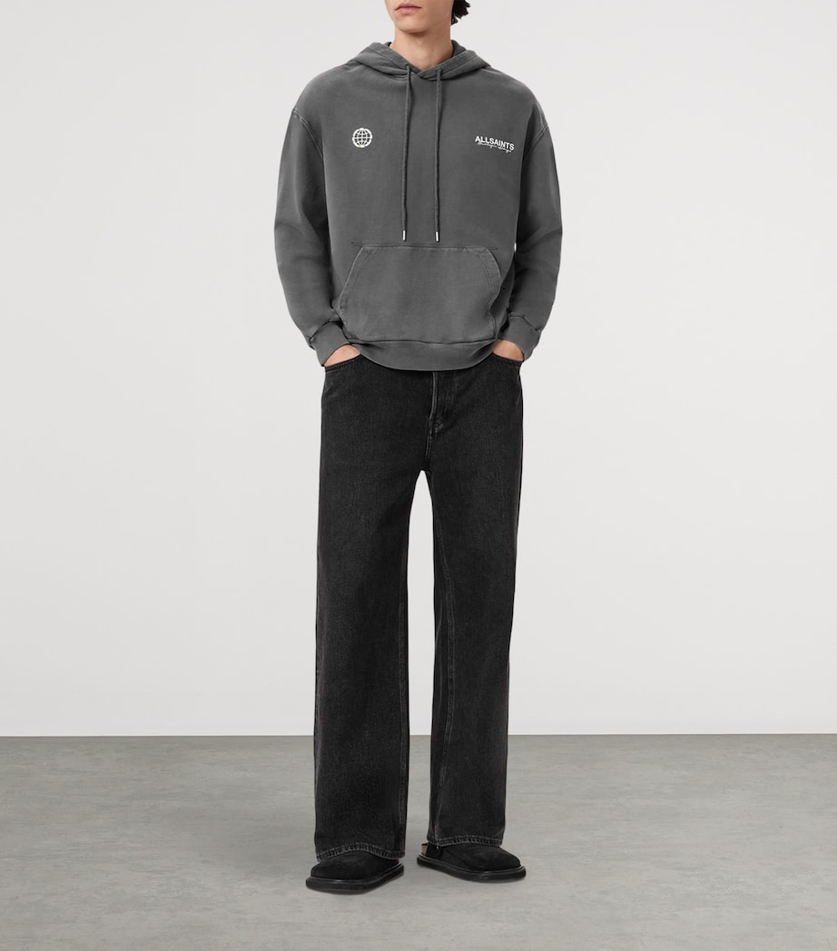 AllSaints Mens Organic Cotton Emblem Hoodie Washed Black Image 2