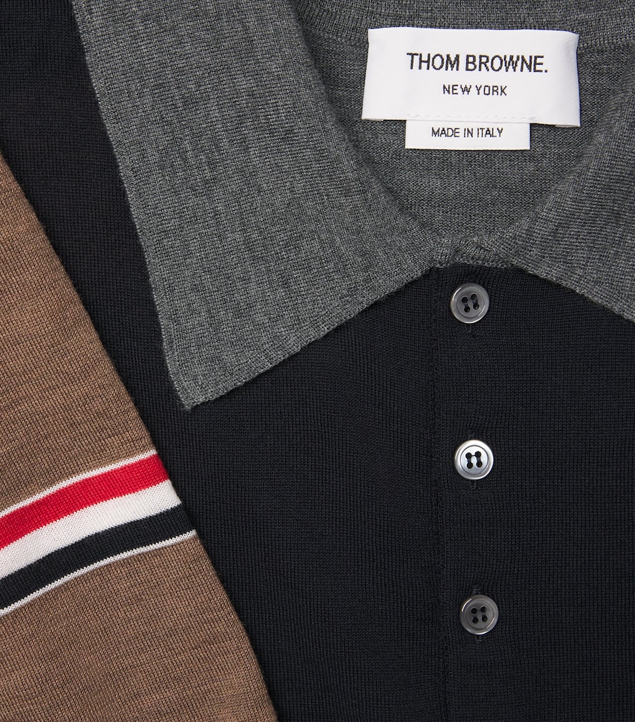 Virgin Wool Tricolour Polo Shirt NAVY/GREY/BROWN Image 5