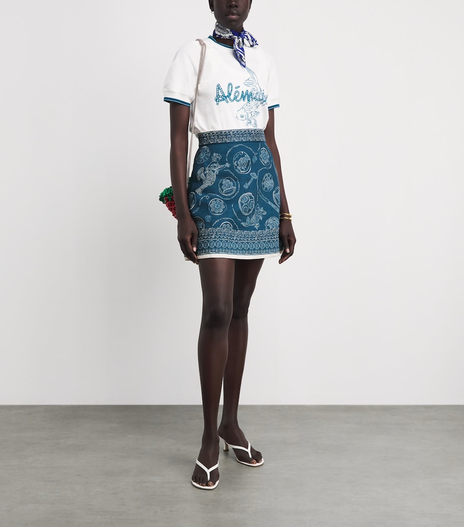 ALEMAIS Womens Linen Printed Lucky Mini Skirt Blue Image 2