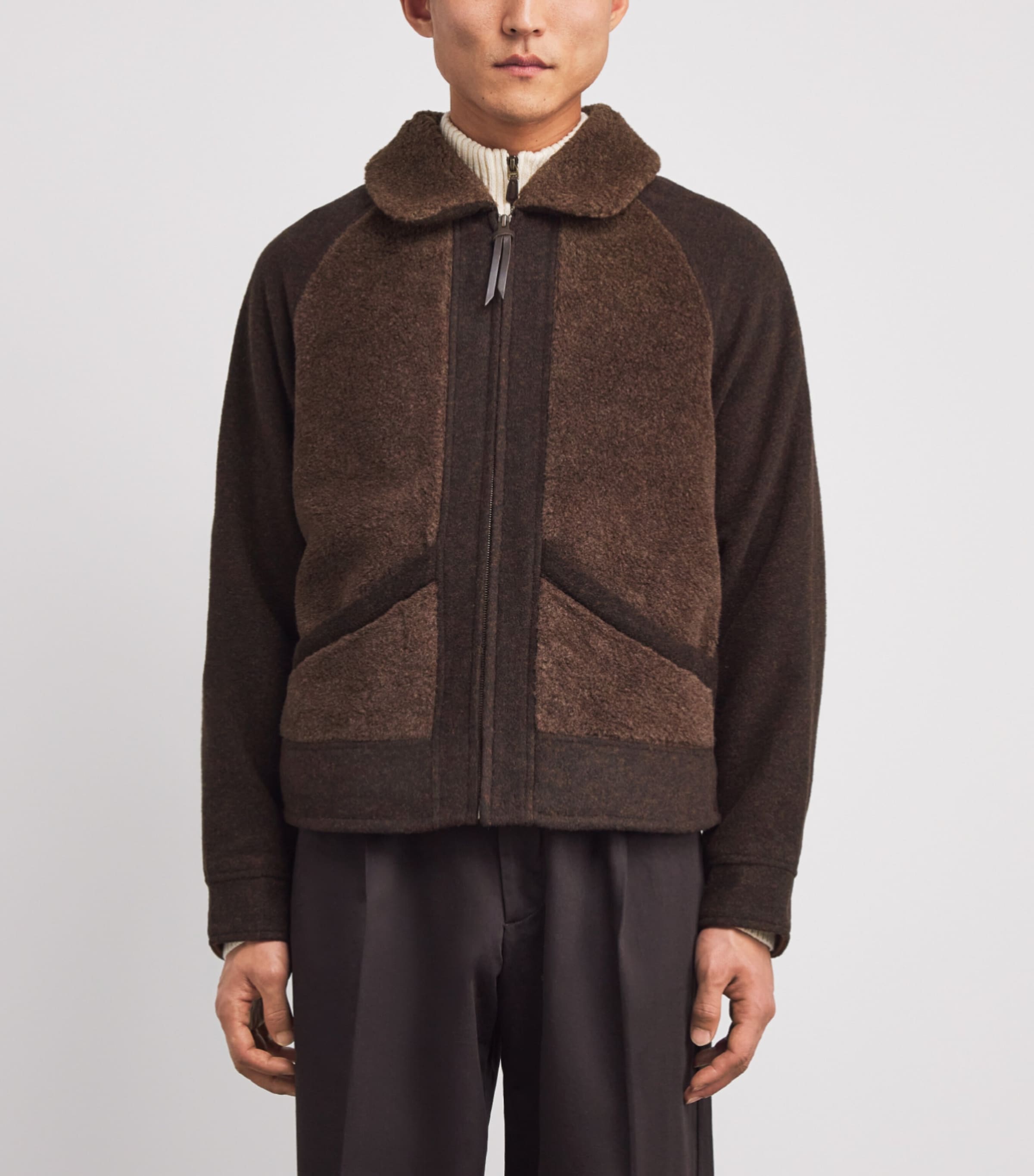 Double-Knit Fleece-Detail Jacket BROWN Image 3