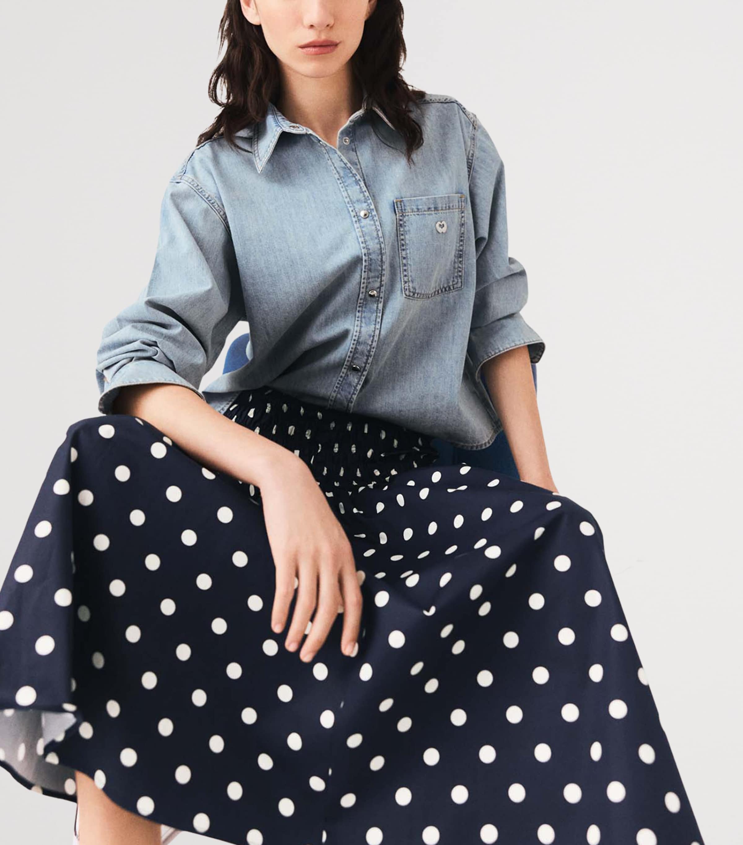 Maje Womens Cotton Polka-Dot Maxi Skirt Navy Dots Print Image 6