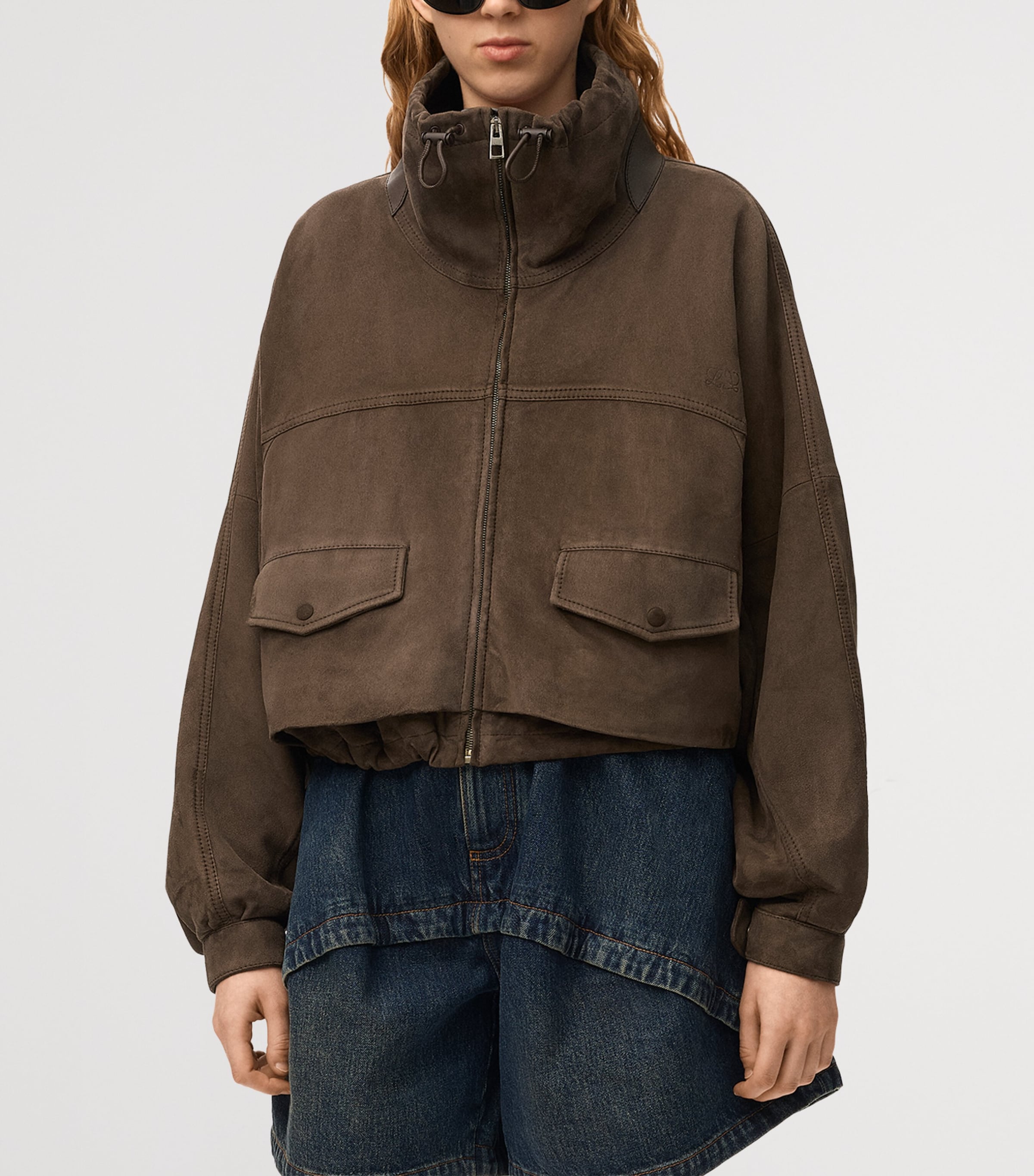 LOEWE Womens Suede Bomber Jacket Dark Brown Image 3