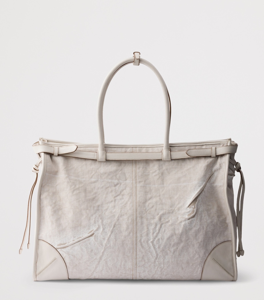Prada Printed Linen and Leather Bonnie Tote Bag White Image 4