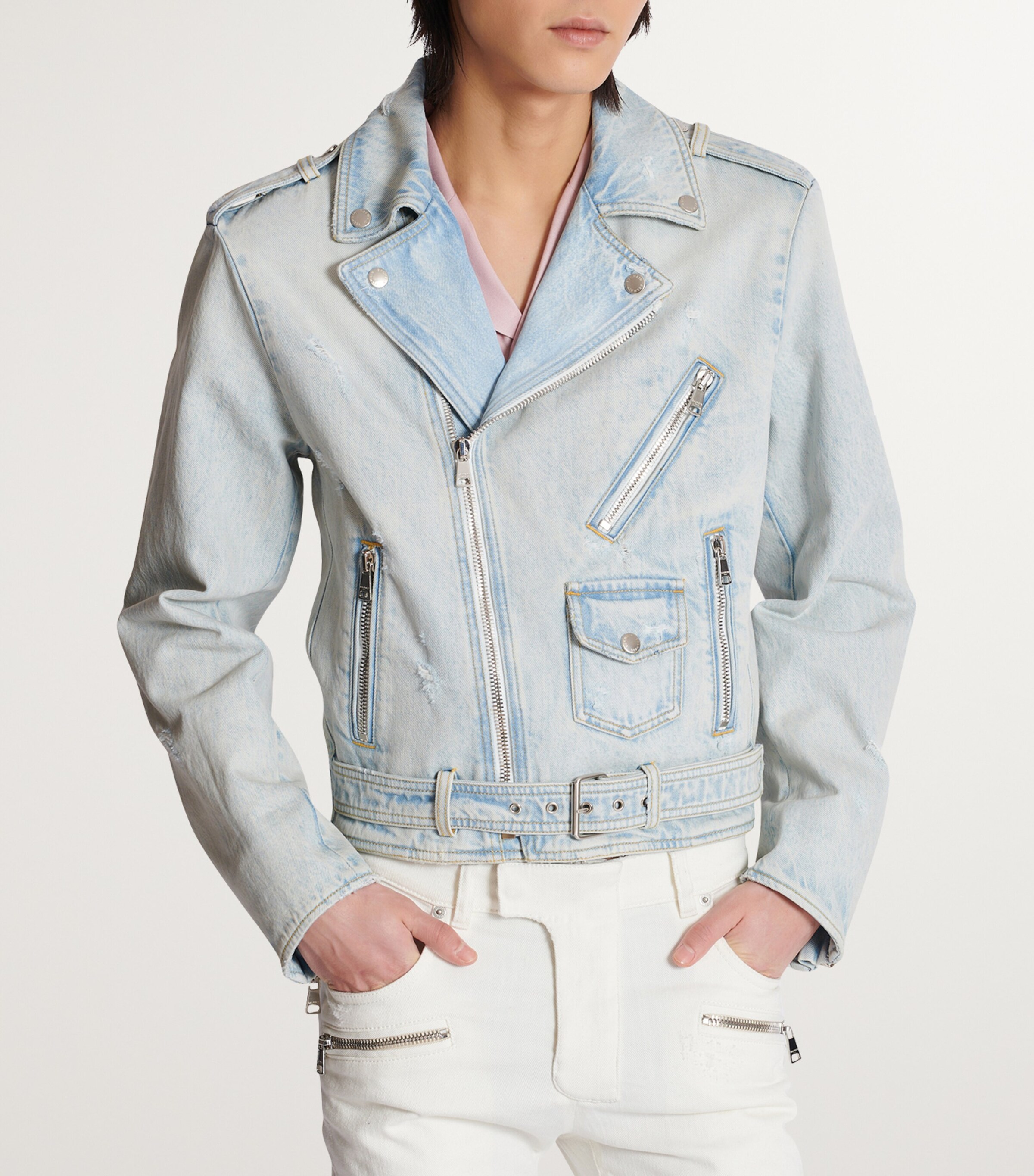 Balmain Blue Denim Biker Jacket | Harrods UK