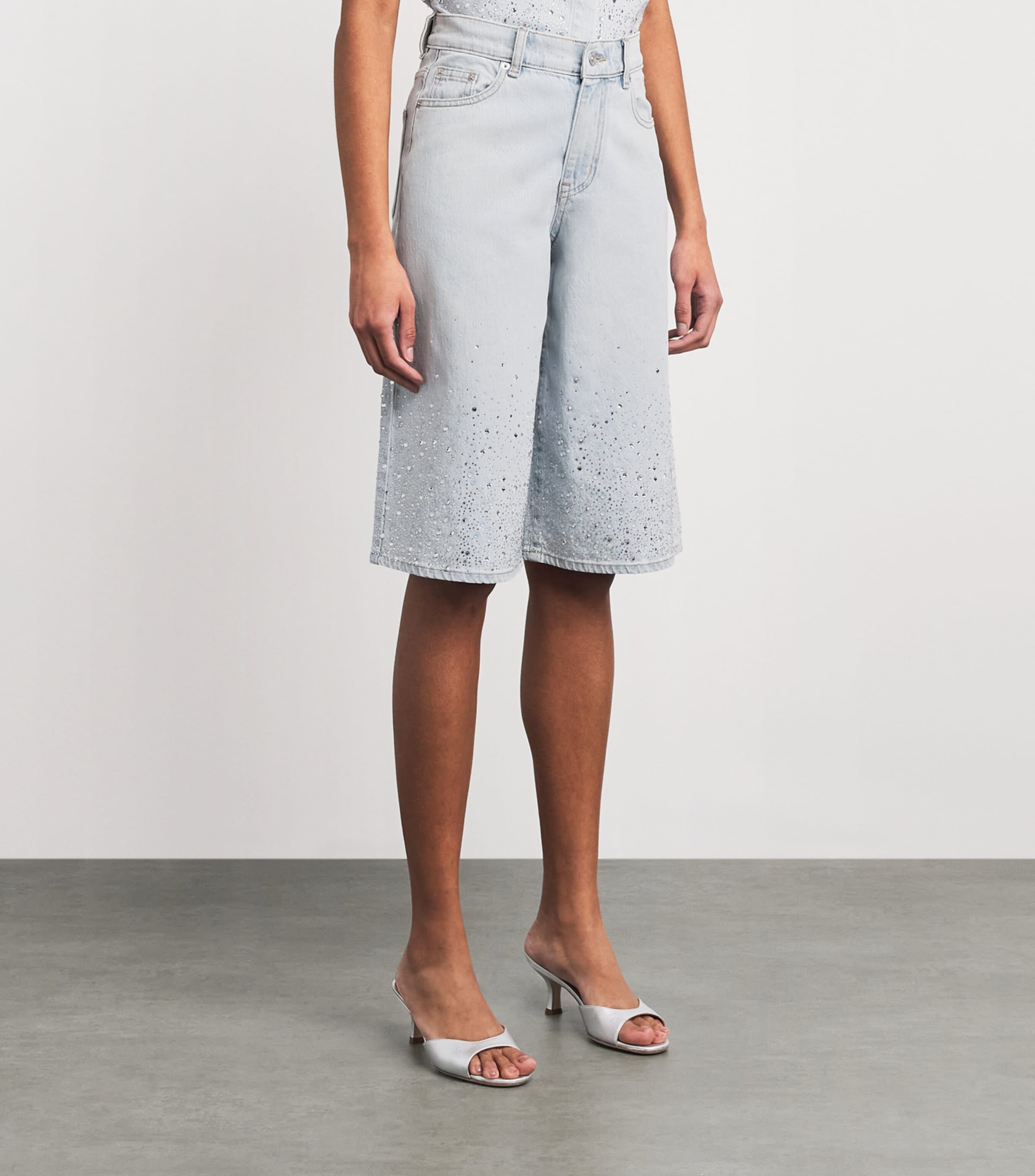 Maje Womens Embellished Denim Bermuda Shorts Blue Sky Image 4