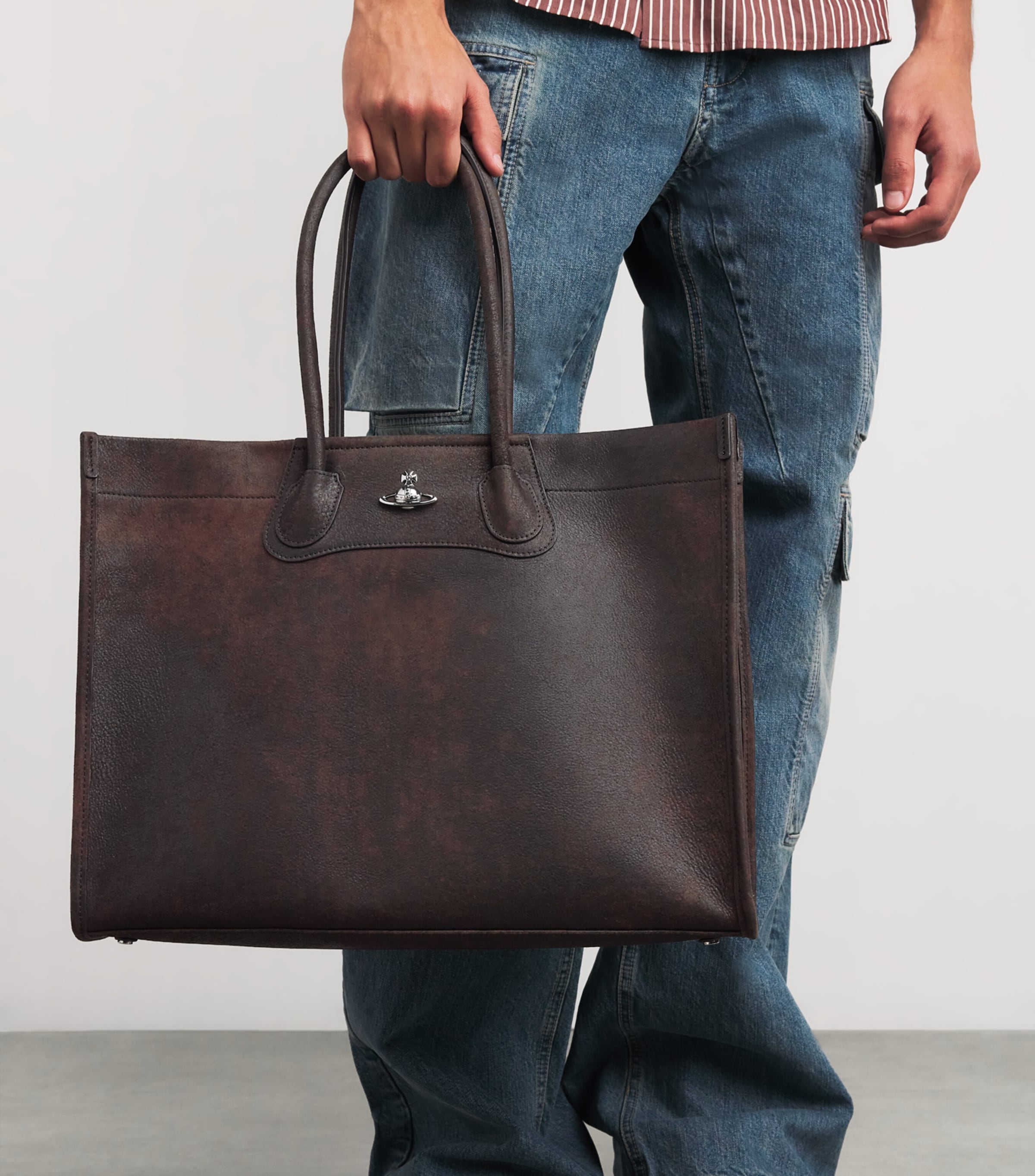Distressed Leather Tote Bag D402 DARK BROWN Image 5