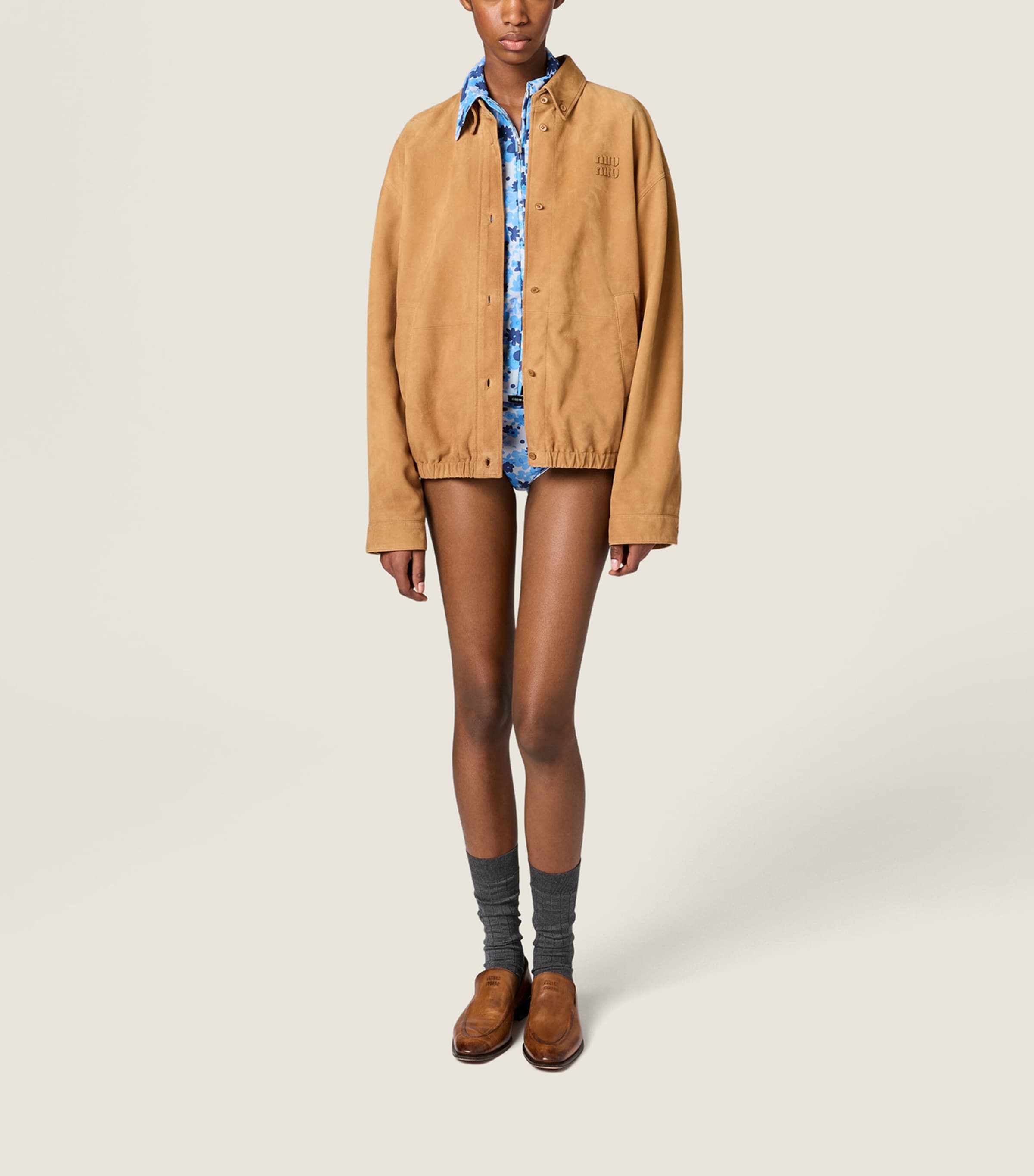 Miu Miu Womens Waxed Suede Jacket Neutral Image 2