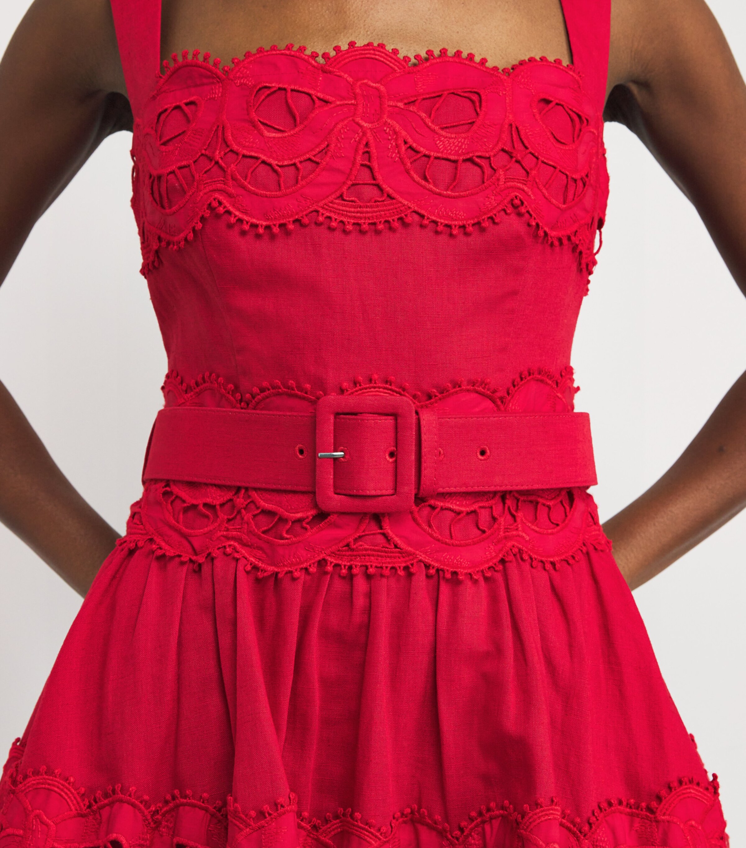 Self-Portrait Red Lace-Insert Belted Mini Dress | Harrods US