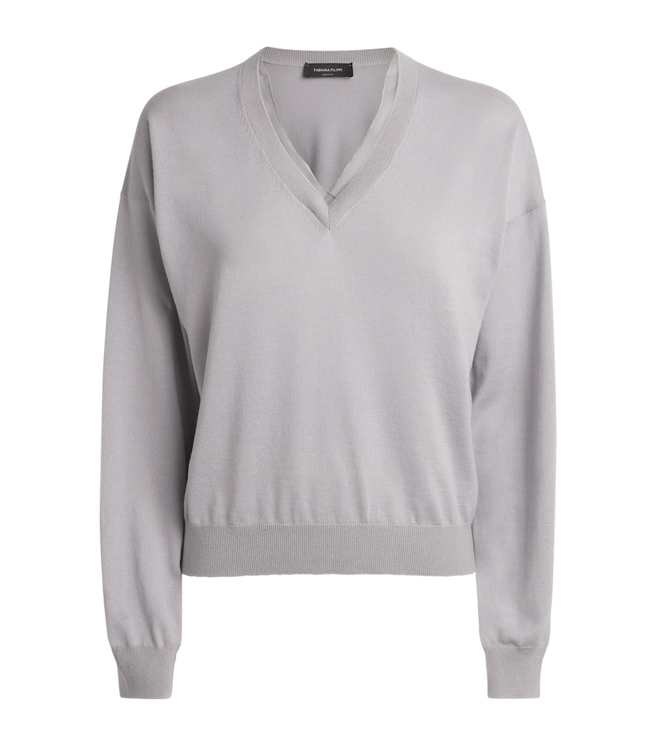 Fabiana Filippi Womens Virgin Wool-Cotton Embellished Sweater Granito Image 1
