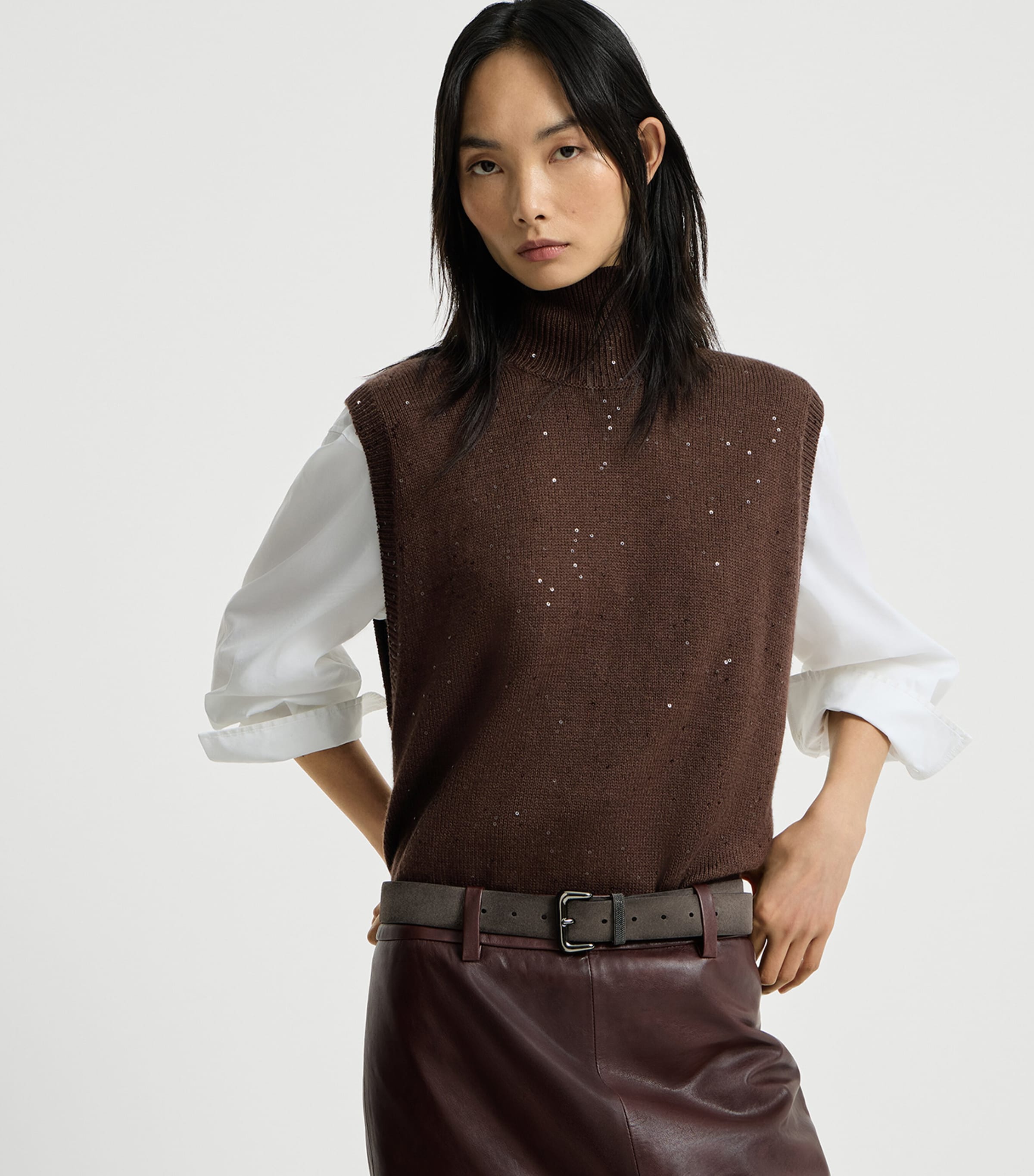 Brunello Cucinelli Womens Cashmere-Silk Embellished Sweater Vest Dark Brown Image 4