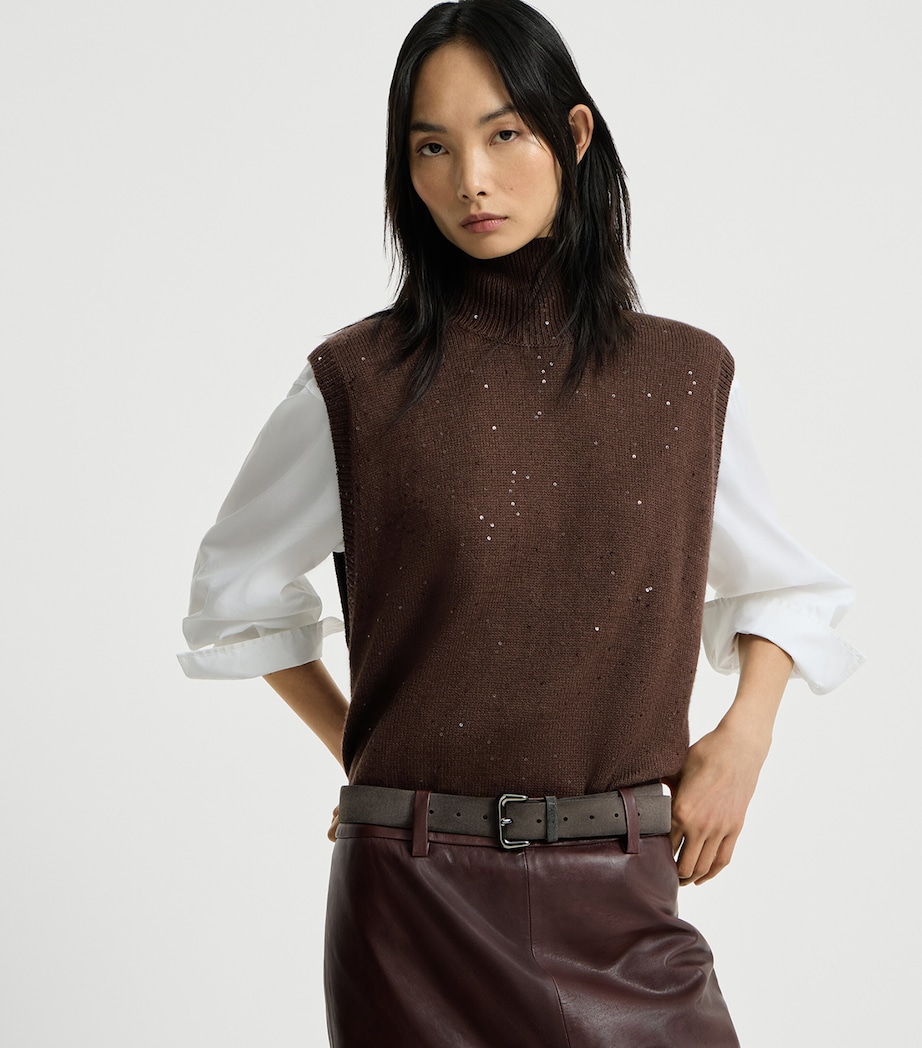 Brunello Cucinelli Womens Cashmere-Silk Embellished Sweater Vest Dark Brown Image 4