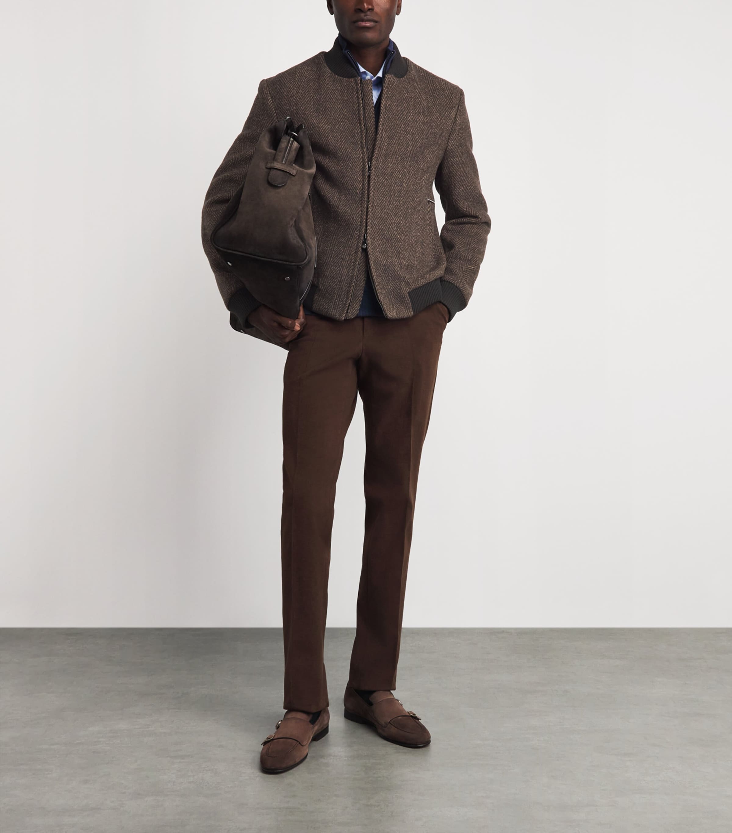 Corneliani Mens Wool Herringbone Bomber Jacket Dark Brown Image 2