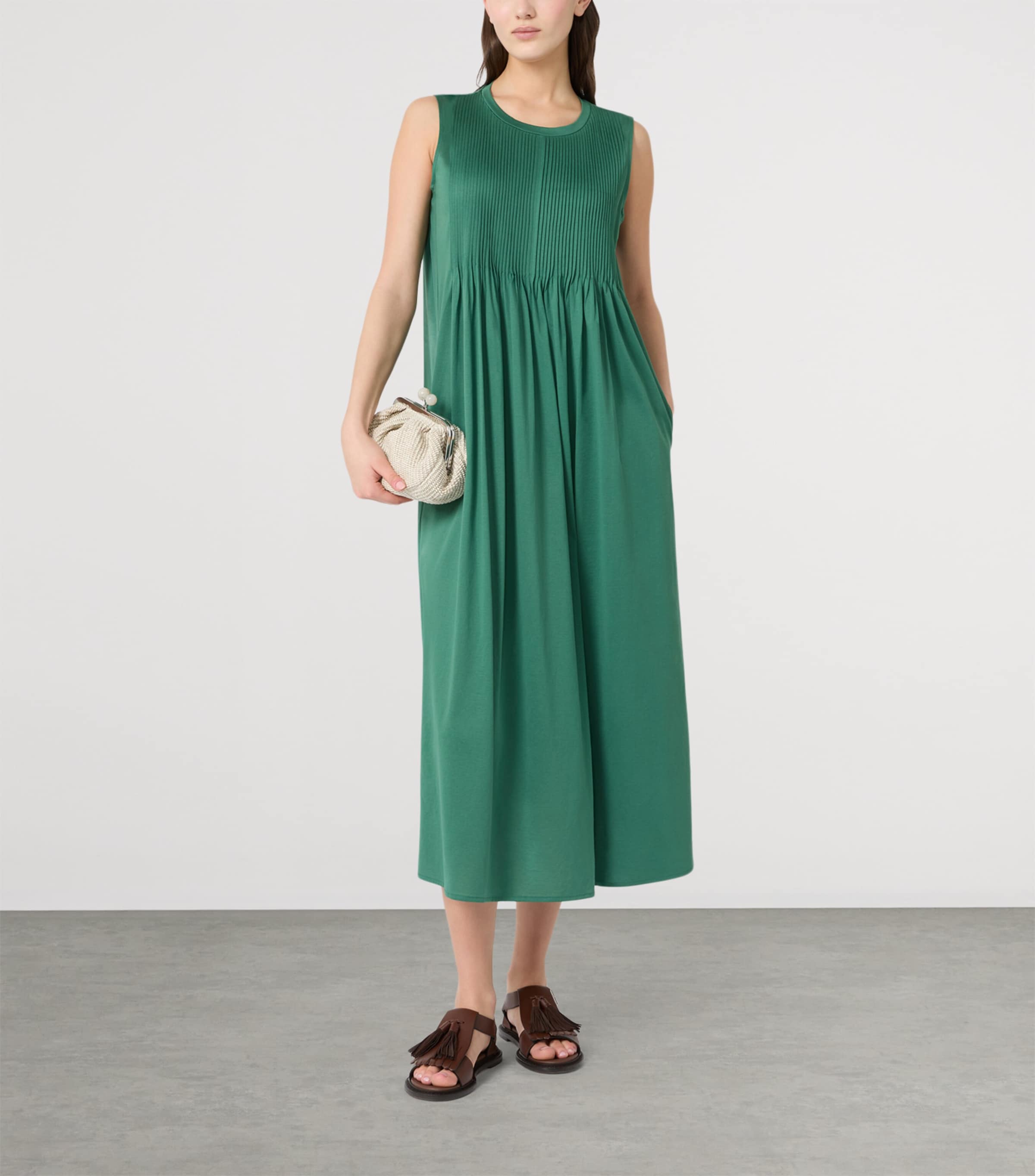 Weekend Max Mara Womens Cotton Pleated Midi Dress Green Image 4