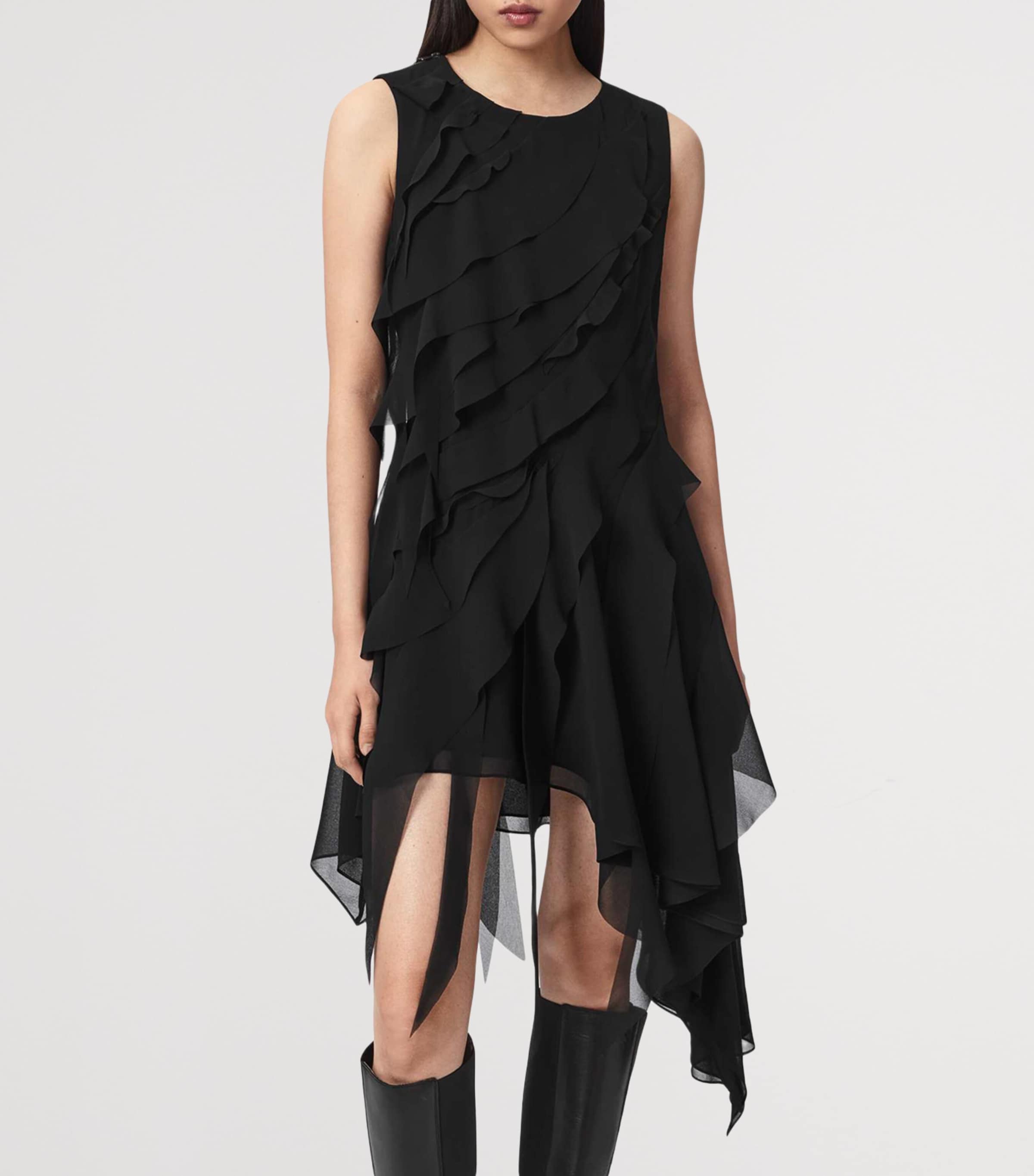 AllSaints Womens Ruffled Asymmetric Angie Midi Dress Black Image 3
