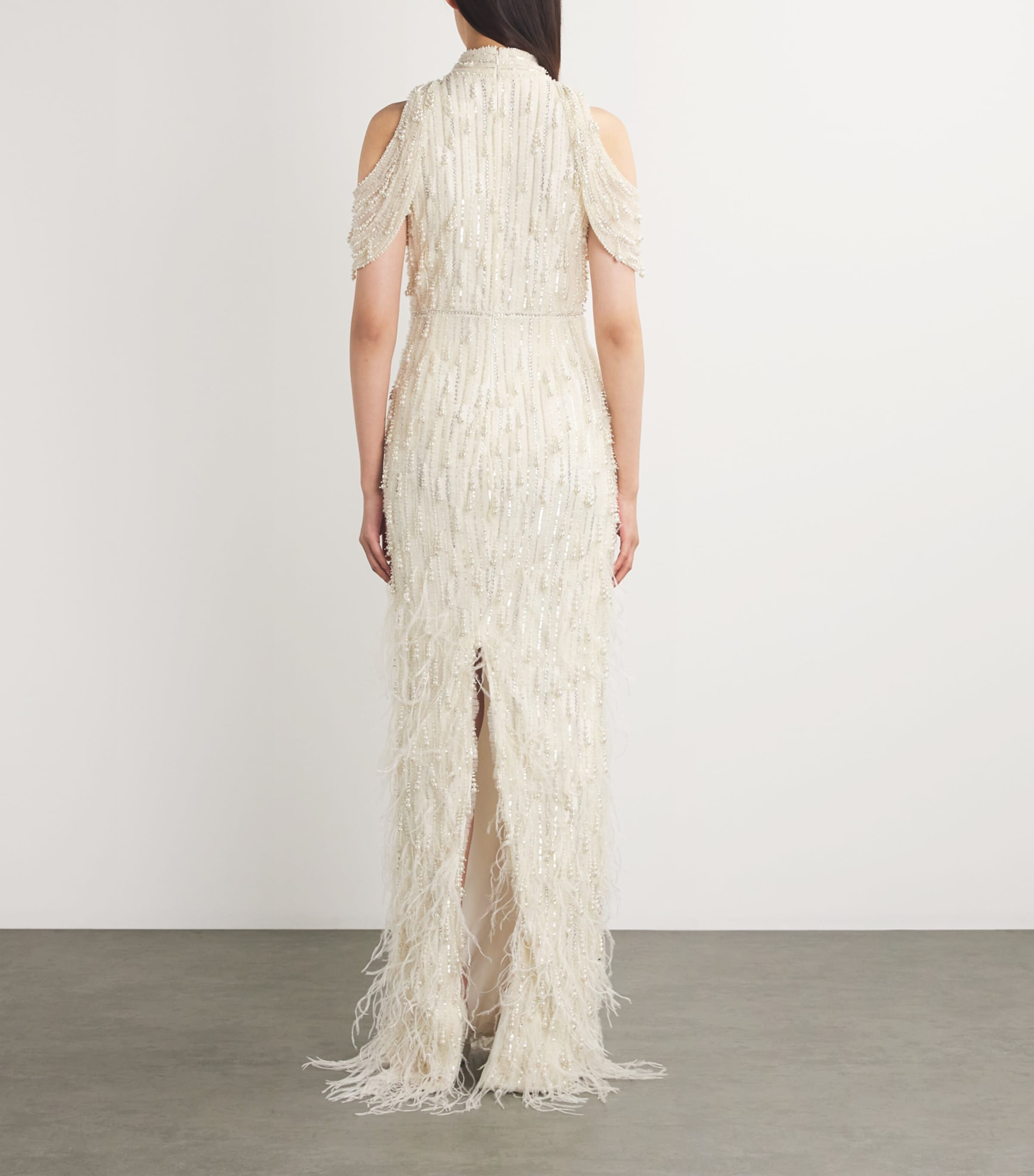 Pamella Roland Womens Feather-Trim Embellished Gown Ivory/ivory Image 3