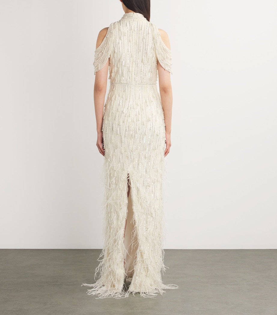 Pamella Roland Womens Feather-Trim Embellished Gown Ivory/ivory Image 3