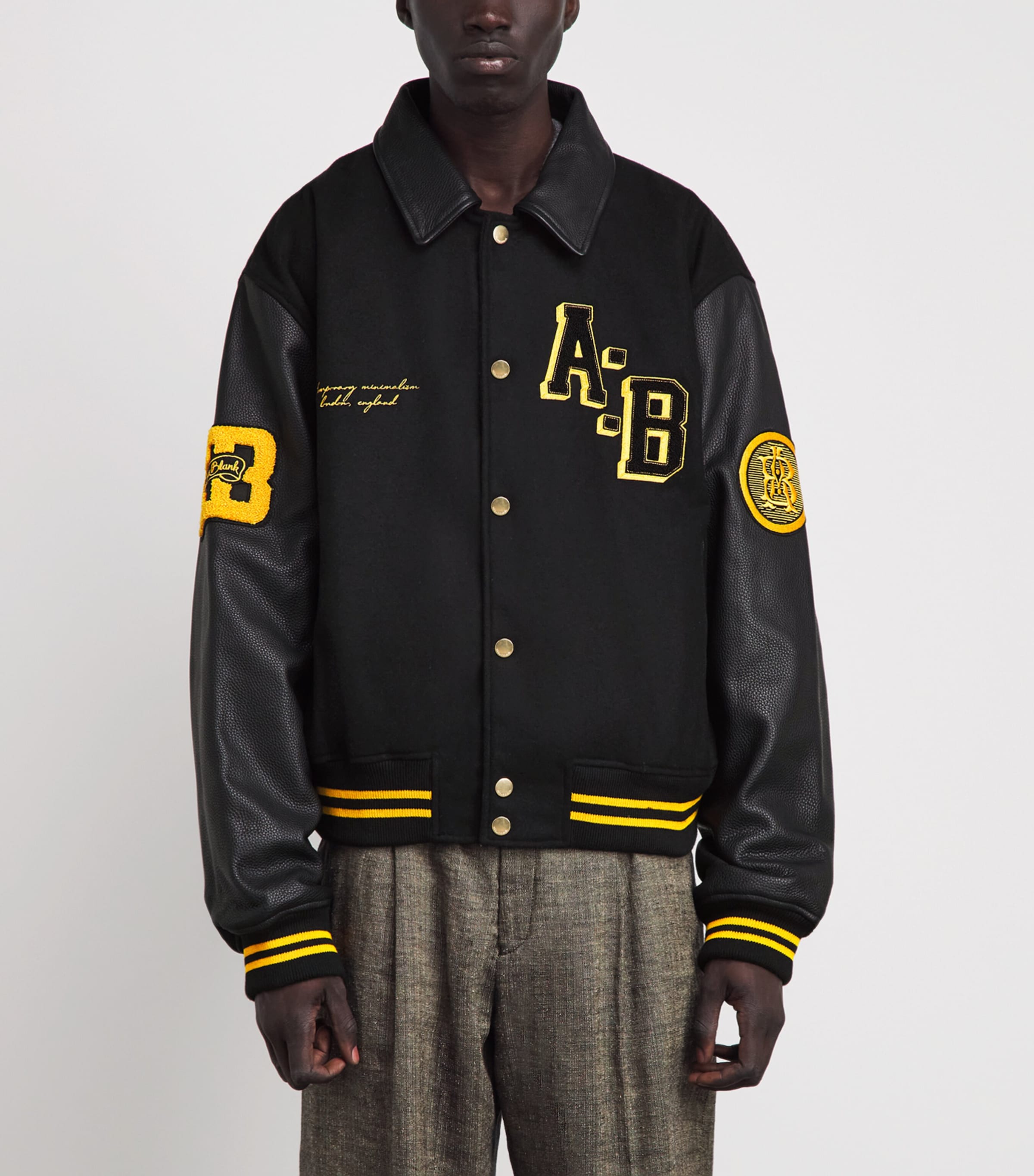 about:blank Mens Leather-Wool Letterman Jacket Black Image 4