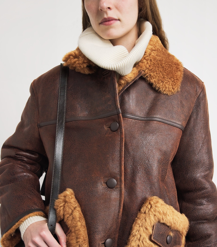 Leather Shearling-Detail Aviator Jacket DARK BROWN Image 6