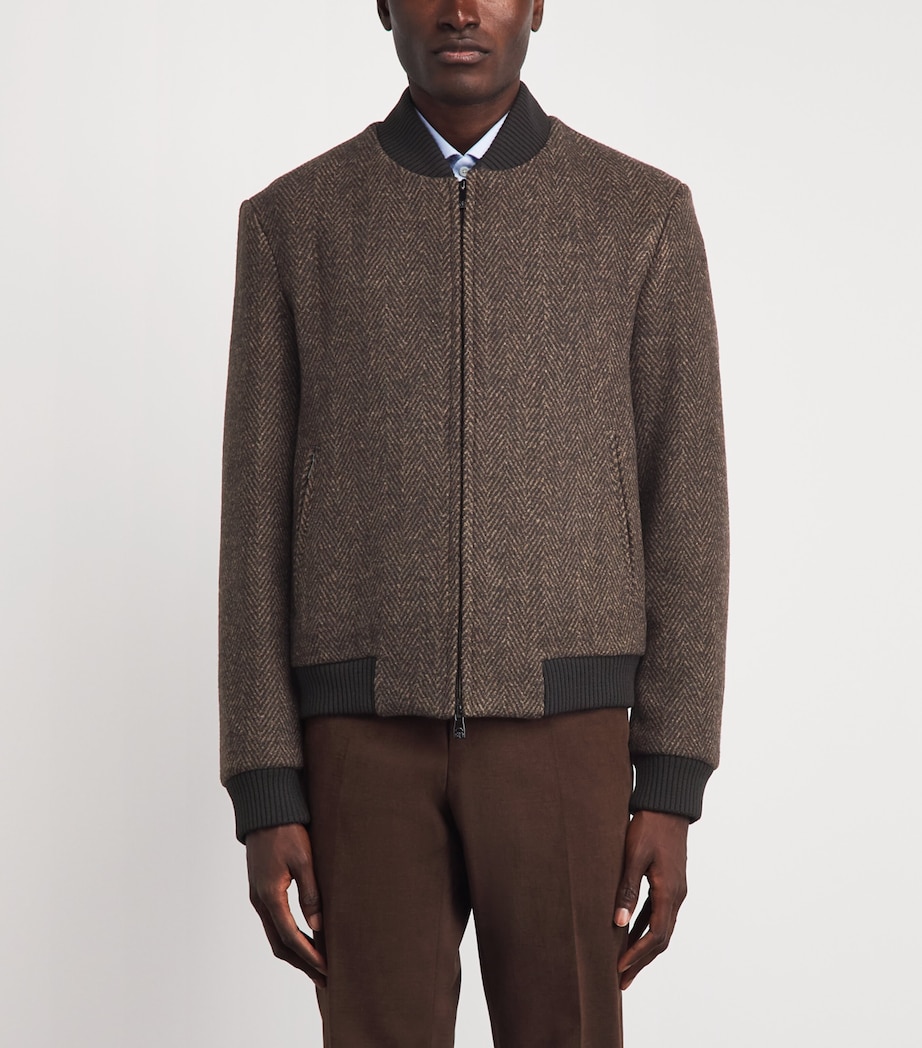 Corneliani Mens Wool Herringbone Bomber Jacket Dark Brown Image 4