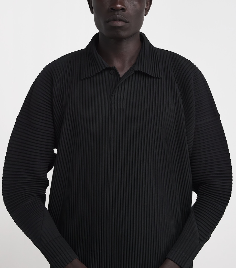Pleated Long-Sleeve Polo Shirt 15-BLACK Image 6