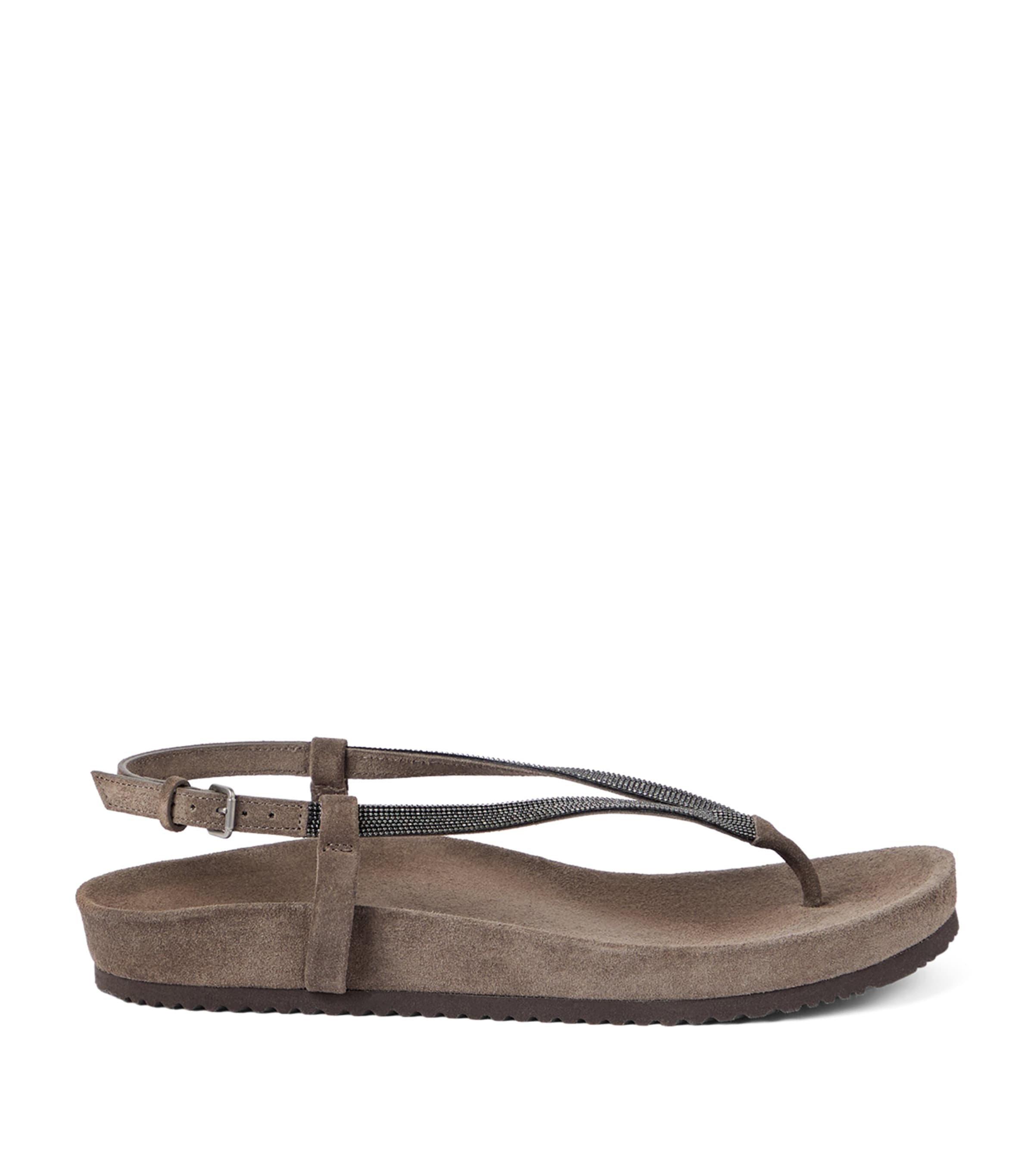 Brunello Cucinelli Suede Precious Strap Sandals In Brown