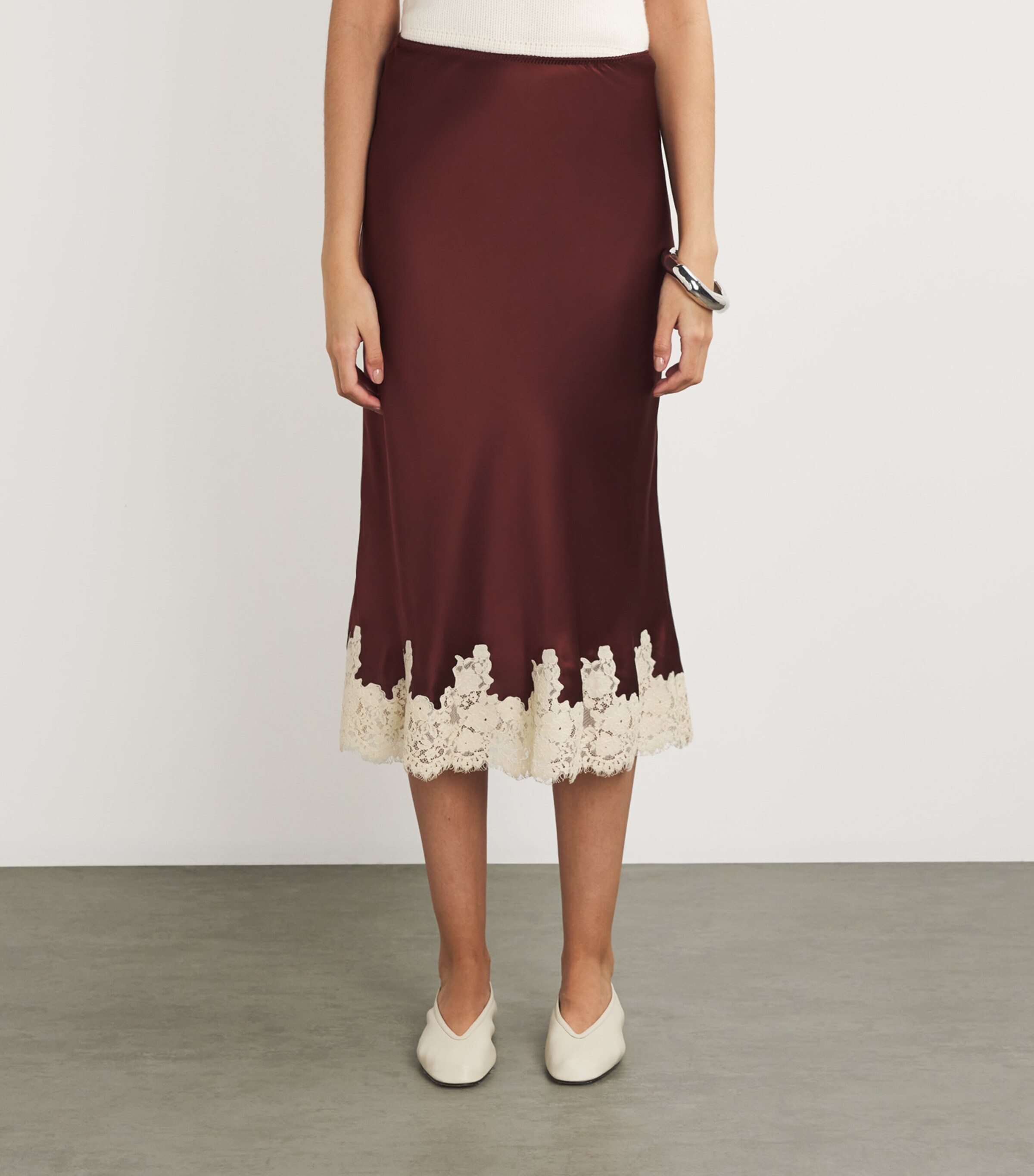 Silk Lace-Trim Elowen Midi Skirt CAFÉ Image 3