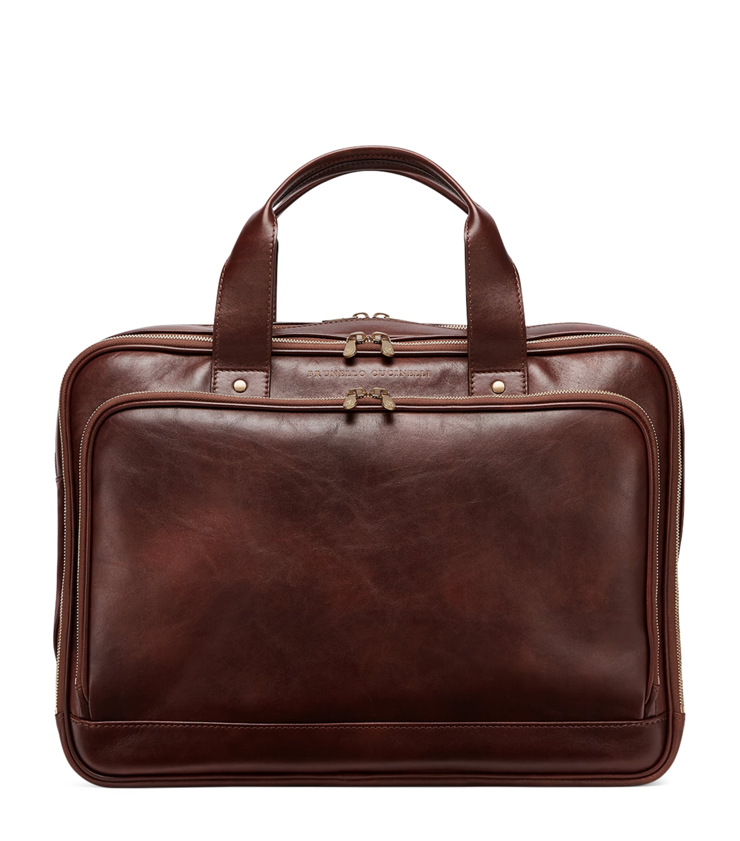 Brunello Cucinelli Calfskin Zipped Briefcase In Brown