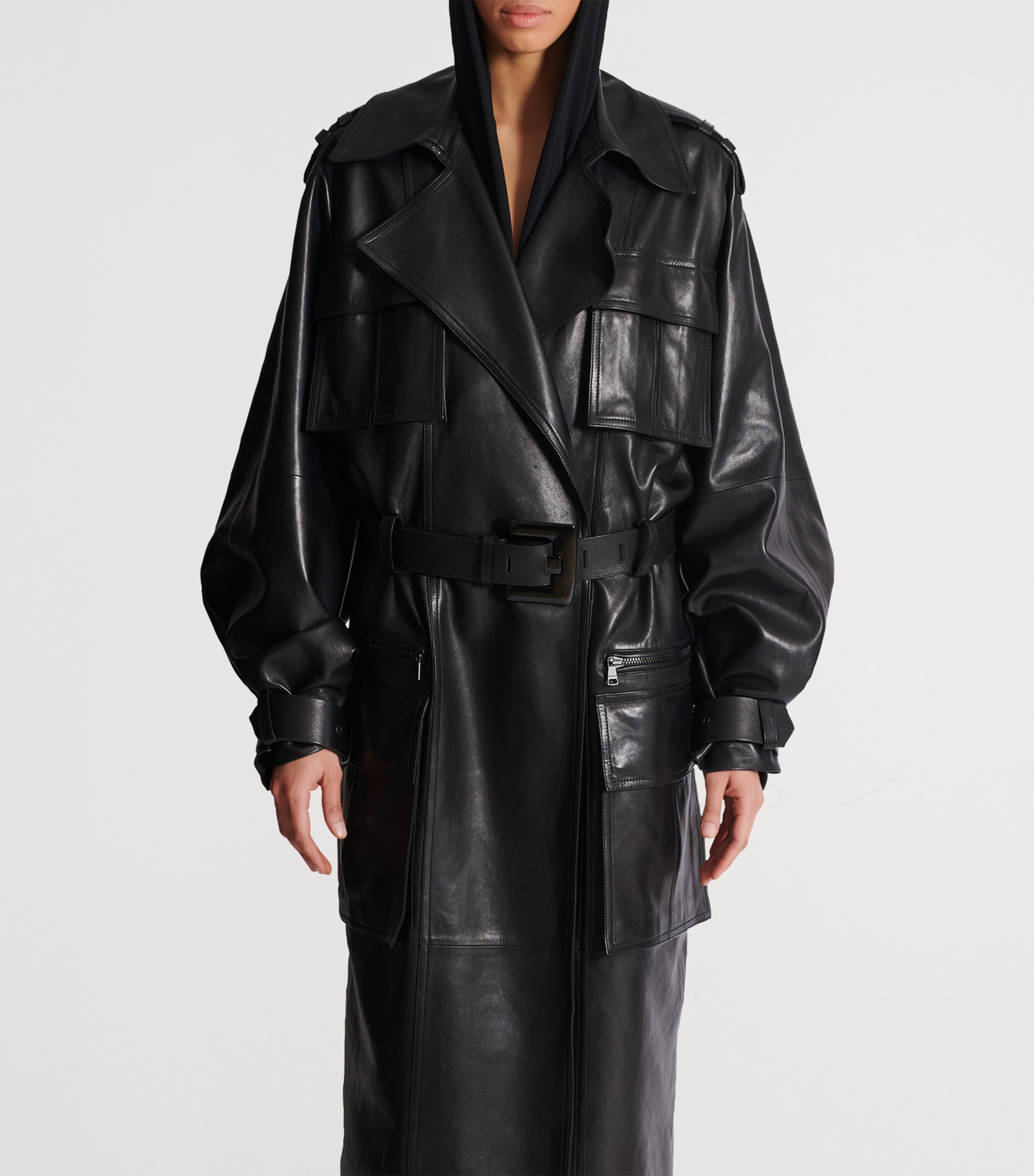 BALMAIN ブラックコート Balmain Black Lambskin Belted Trench Coat | Harrods US