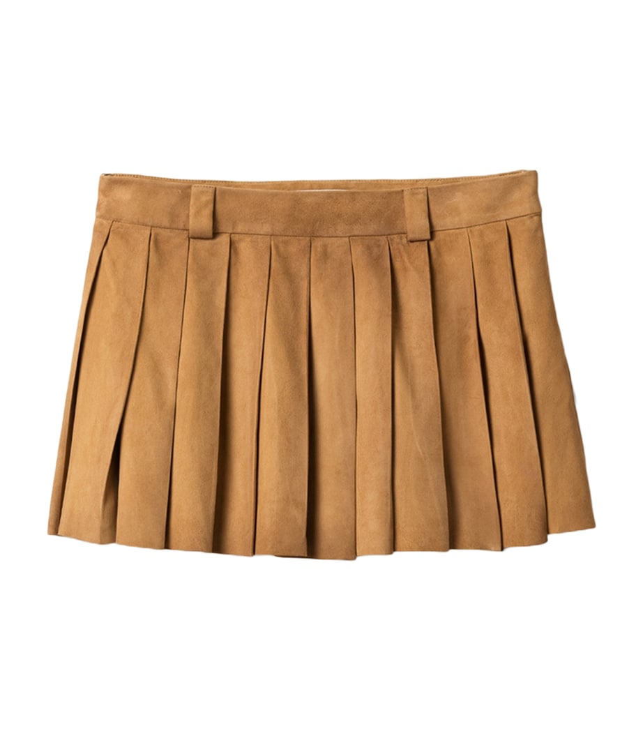 Miu Miu Womens Waxed Suede Pleated Miniskirt Neutral Image 1