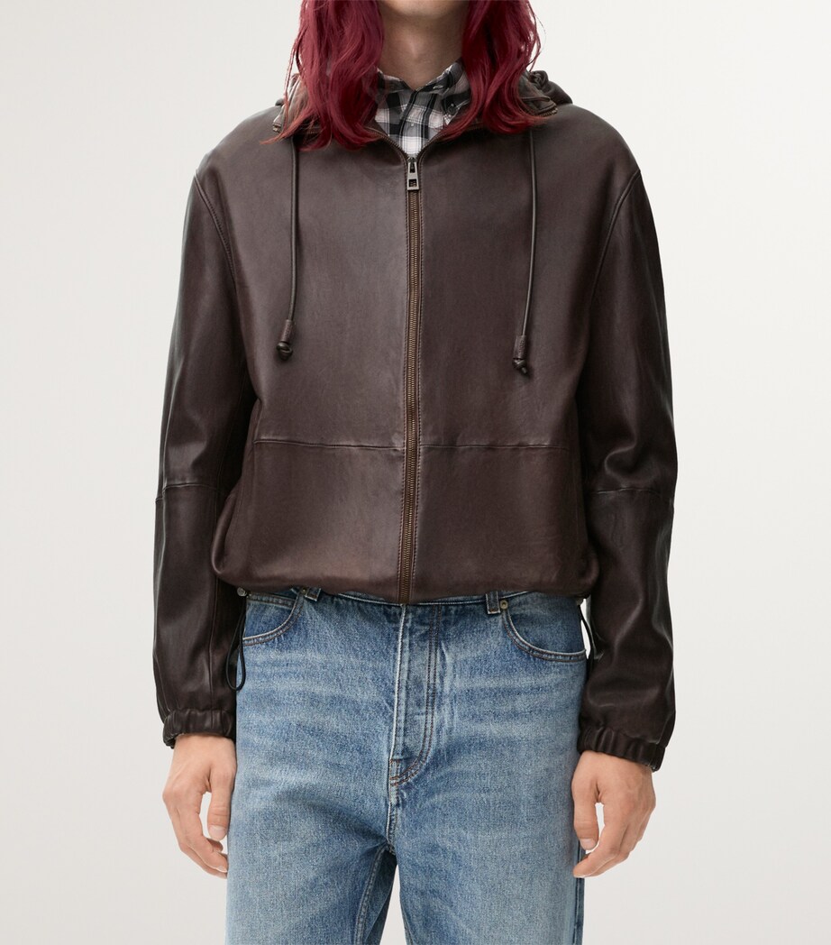 Leather Hooded Jacket DARK BROWN Image 3