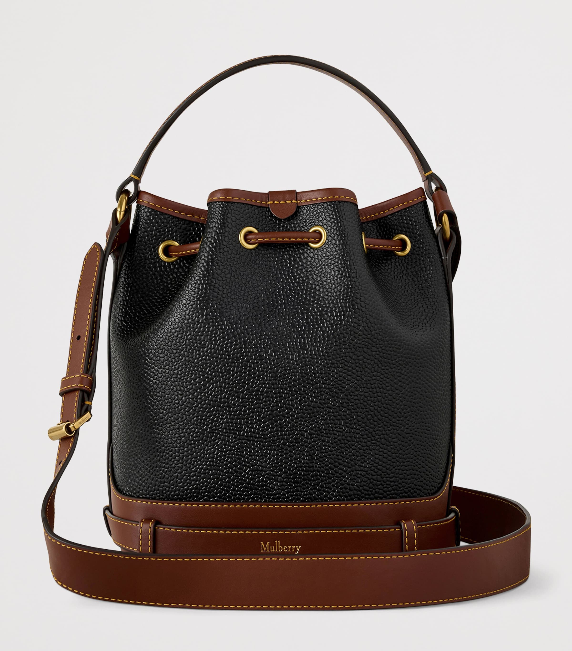 Mulberry Small Leather-Trim Bucket Bag Black Cognac Image 3