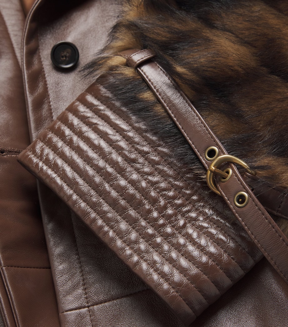 Leather Fur-Trim Coat CHOCOLATE Image 5