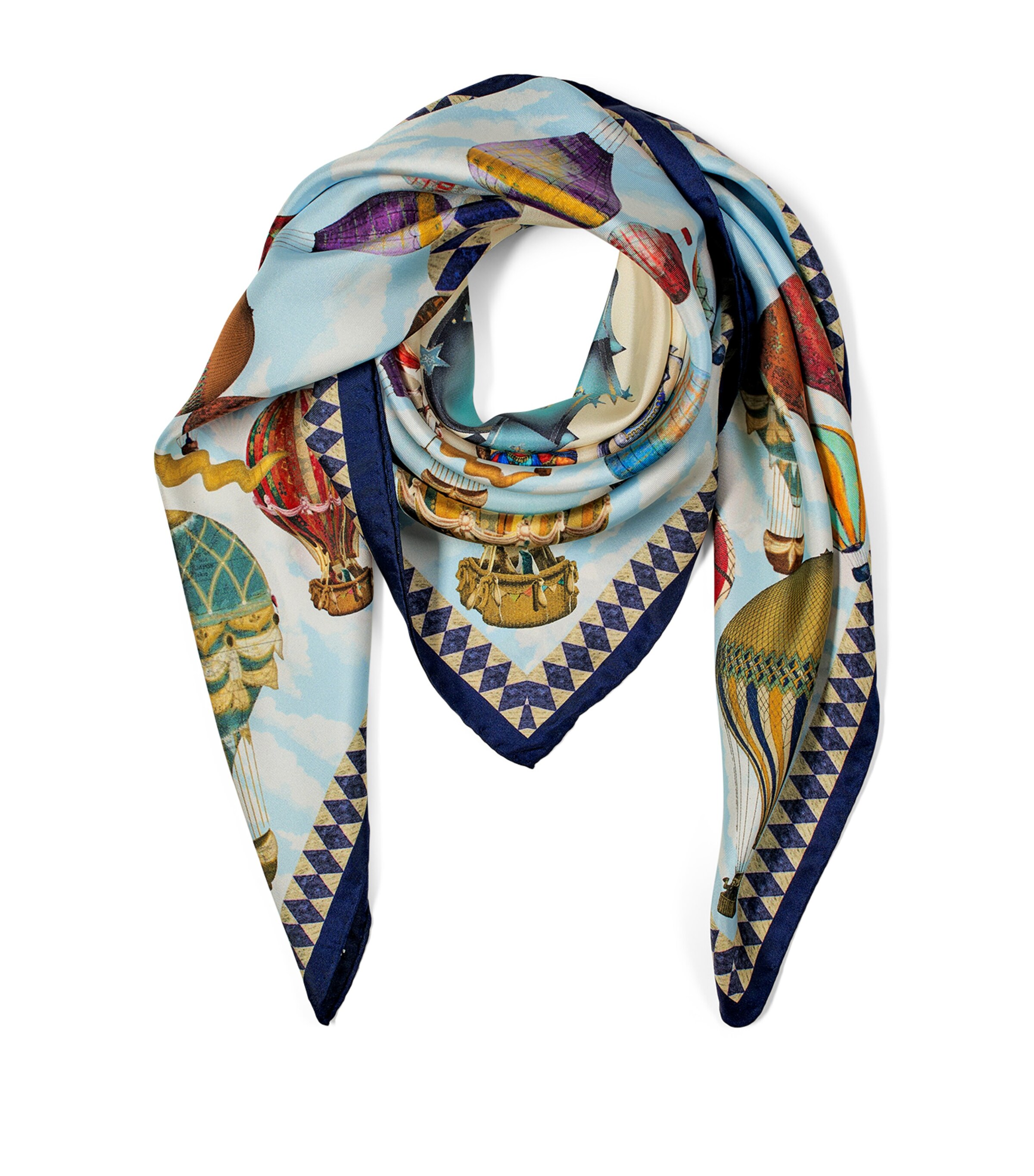 Aspinal Of London Silk Hot Air Balloon Print Scarf Navy Image 2