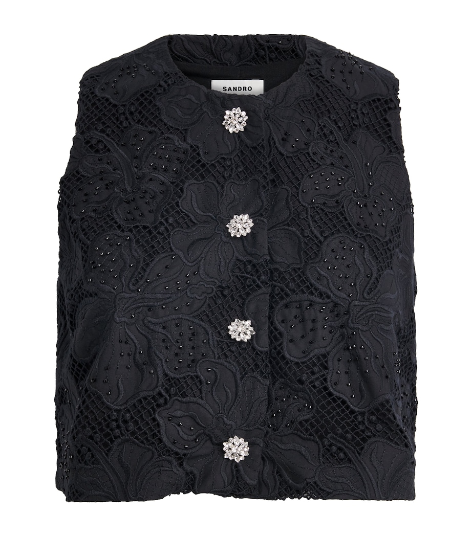 Sandro Paris Womens Embroidered Guipure Top Black Image 1