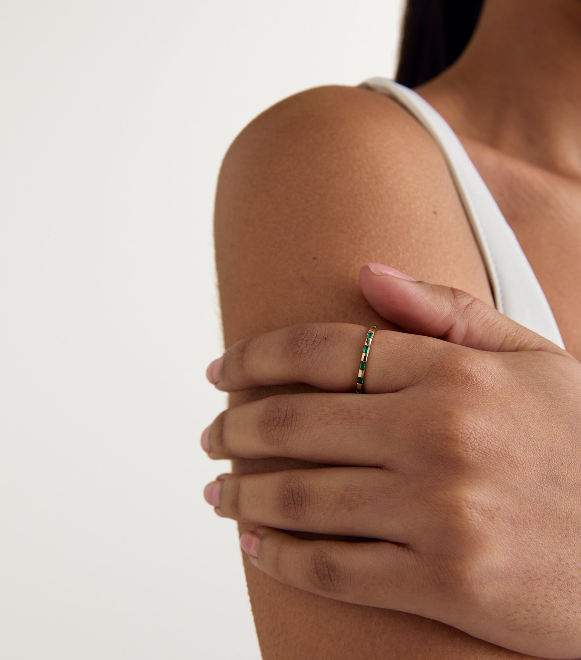 Astrid Miyu Yellow Gold and Emerald Baguette Ring Harrods UK