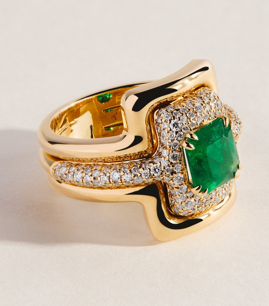 Azlee x Gemfields Yellow Gold, Pavé Diamond and Emerald Origins Contour Ring Yellow Gold Image 3