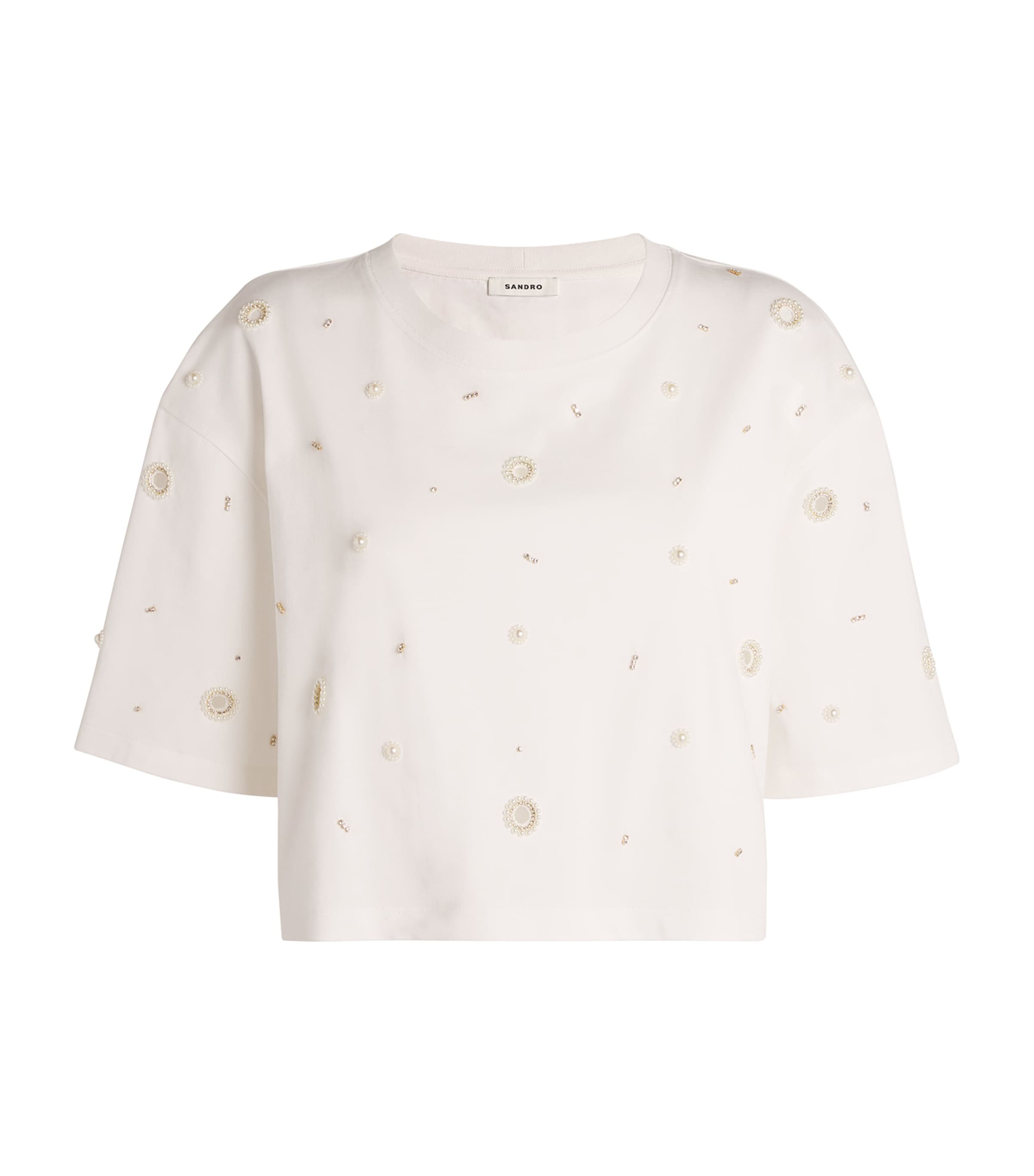 Sandro Cotton Embellished T-shirt In Beige