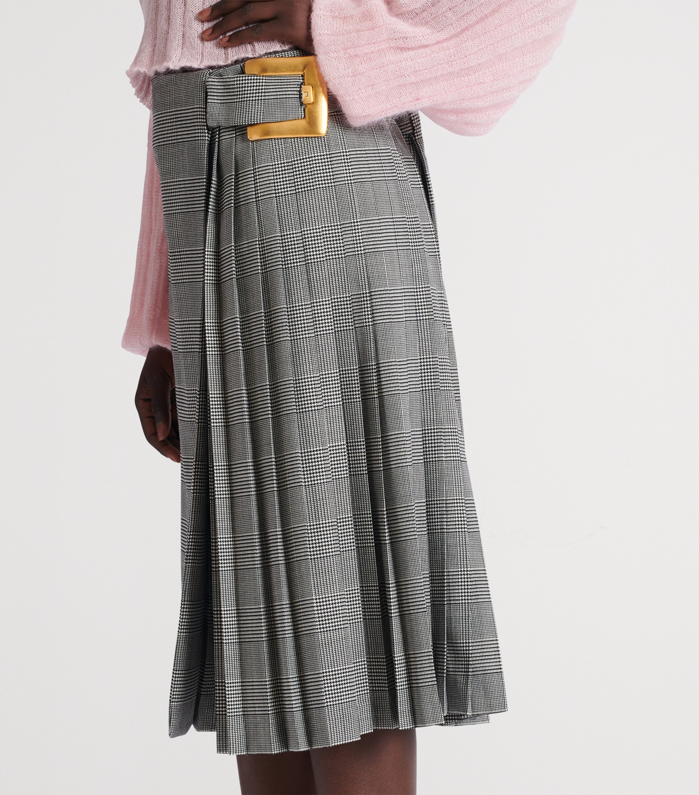 Virgin Wool-Blend Check Midi Skirt EAB NOIR/BLANC Image 5