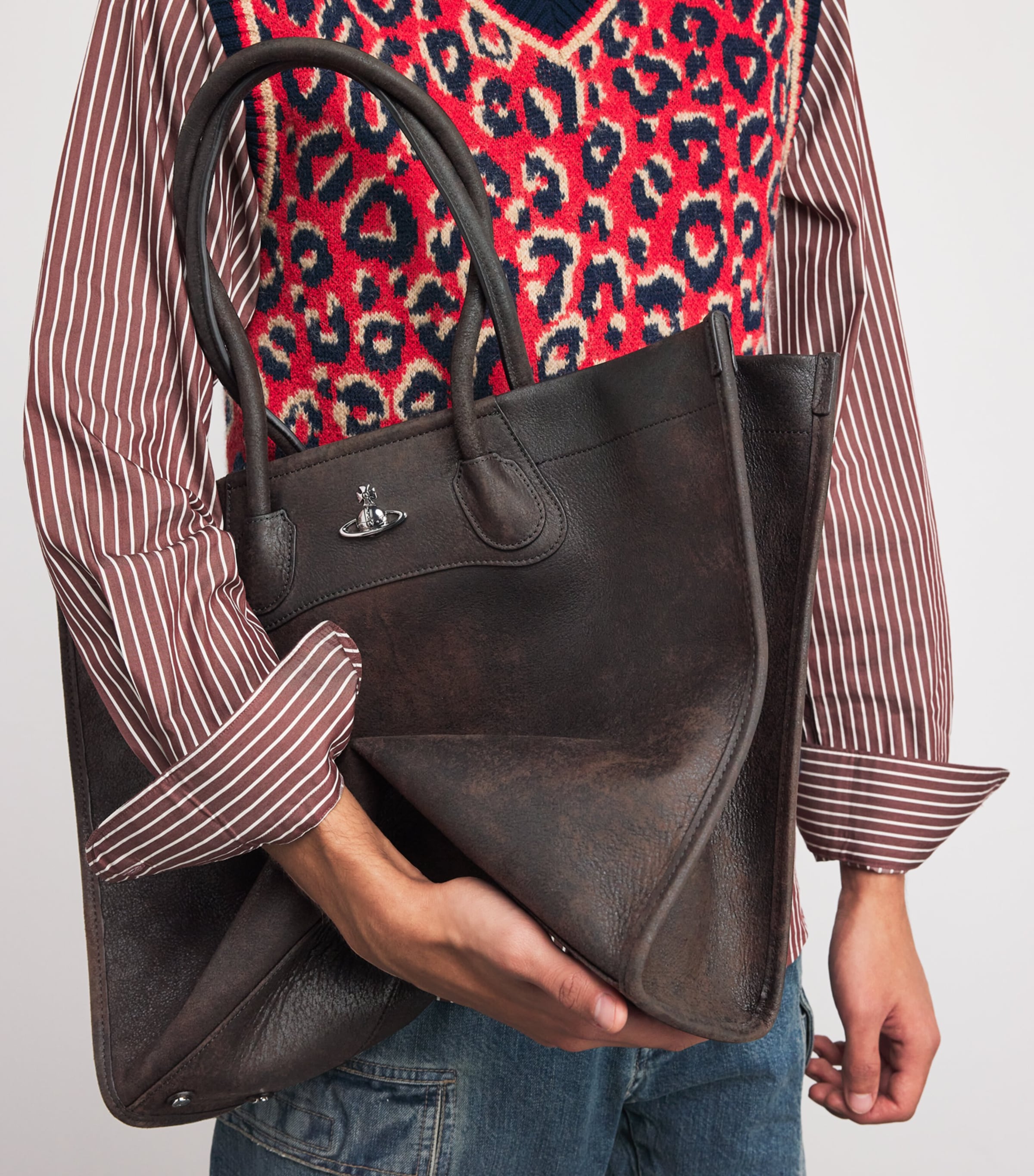 Distressed Leather Tote Bag D402 DARK BROWN Image 2