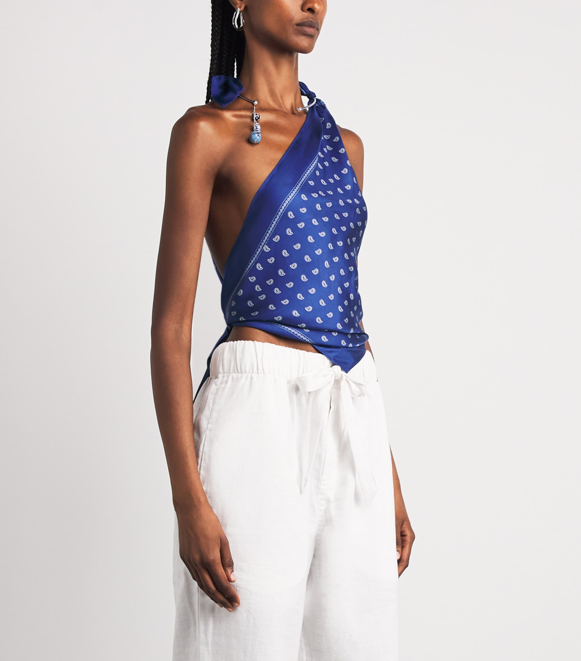 Christopher Esber Womens Silk Bandana Tie Top Indigo Bandana Print Image 4