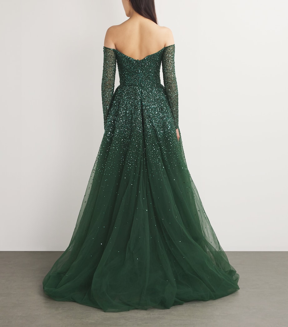 Monique Lhuillier Womens Embroidered Off-The-Shoulder Gown Juniper Image 3