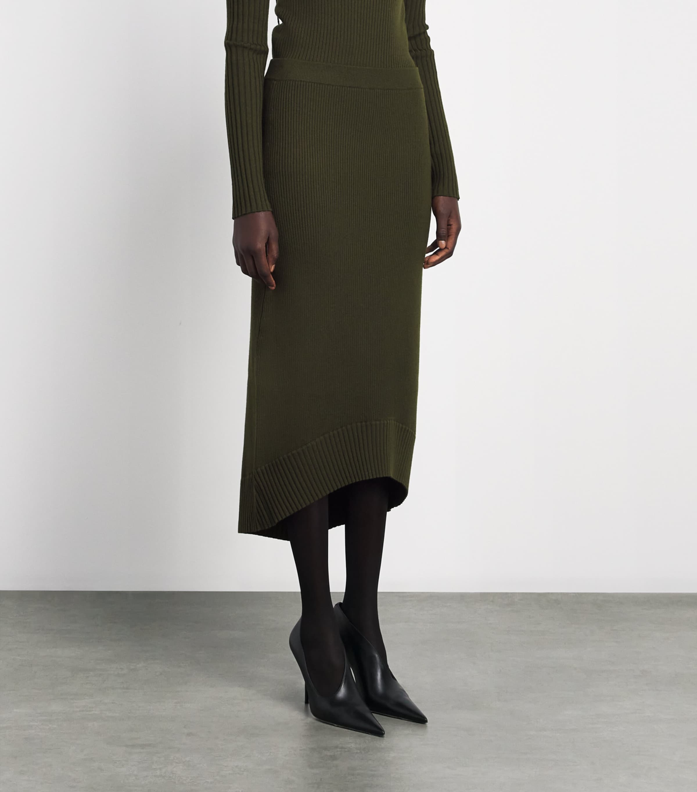 Victoria Beckham Womens Merino Wool-Blend Ribbed Midi Skirt Green Image 4