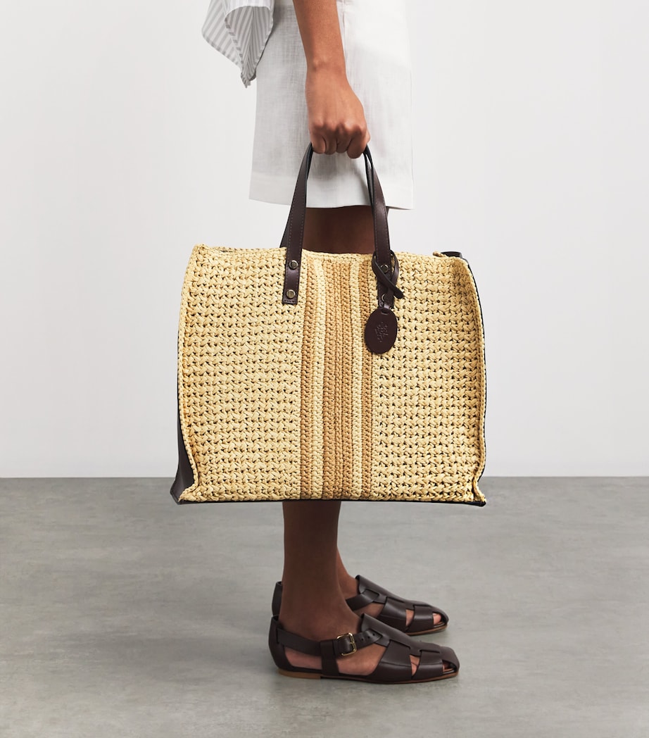 Eleventy Raffia-Leather Two-Tone Tote Bag Avorio Image 5