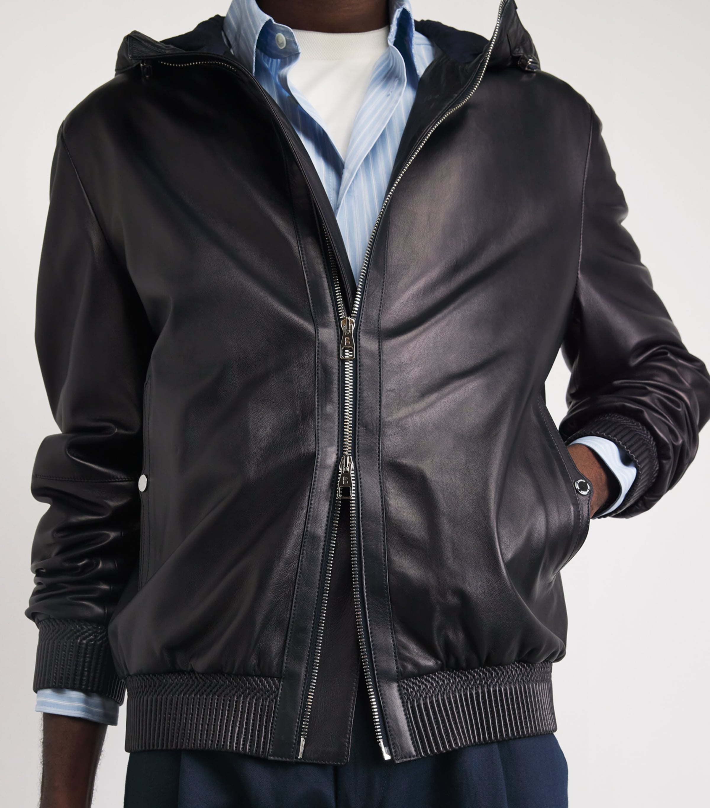 Brett Johnson Mens Hooded Leather Jacket Navy Image 3