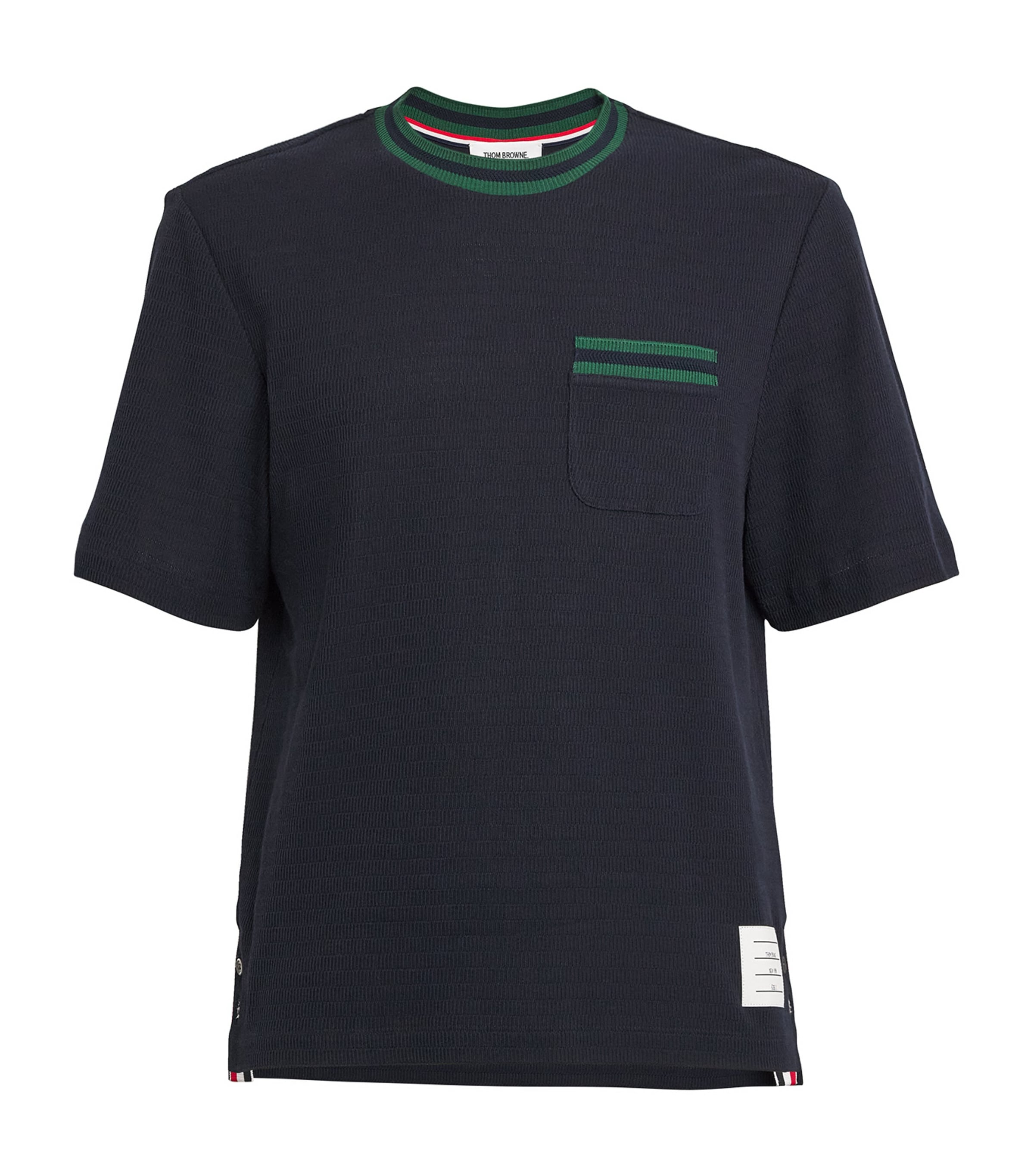 Thom Browne Knit Cotton T-shirt With Tricolor Detail In Navy