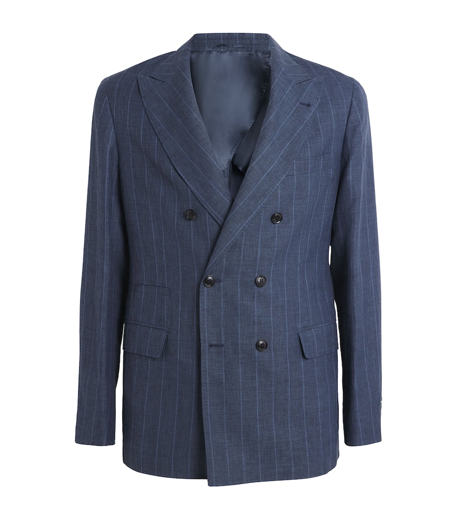 Brett Johnson Mens Wool-Linen-Silk Double-Breasted Blazer Navy Pinstripe Image 1